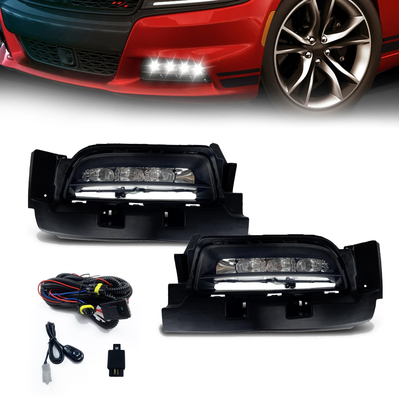 2015-2020 Dodge Charger LED Fog Bumper Lights with Switch & Harness - Clear Lens Replacement for Enhanced Visibility in Rain & Fog Driving Conditions