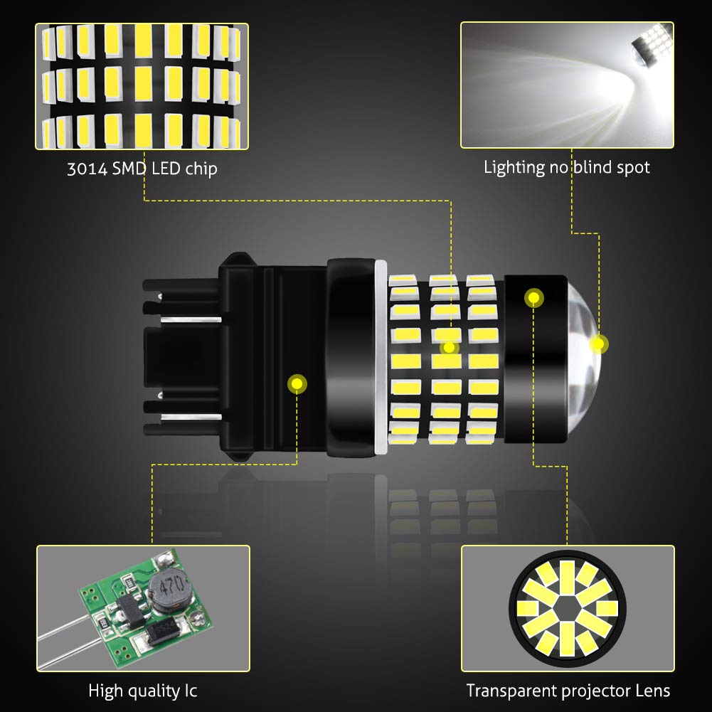 3157 3156 3057 4157 LED Bulbs - Xenon White 1800LM Super Bright 3014 SMD Chipsets with Projector Lens | Reverse Lights, Brake Lights, Tail Lights for Cars, Trucks, SUVs | 12-24V DC (2-Pack) - Perfect for Night Driving & Enhanced Safety