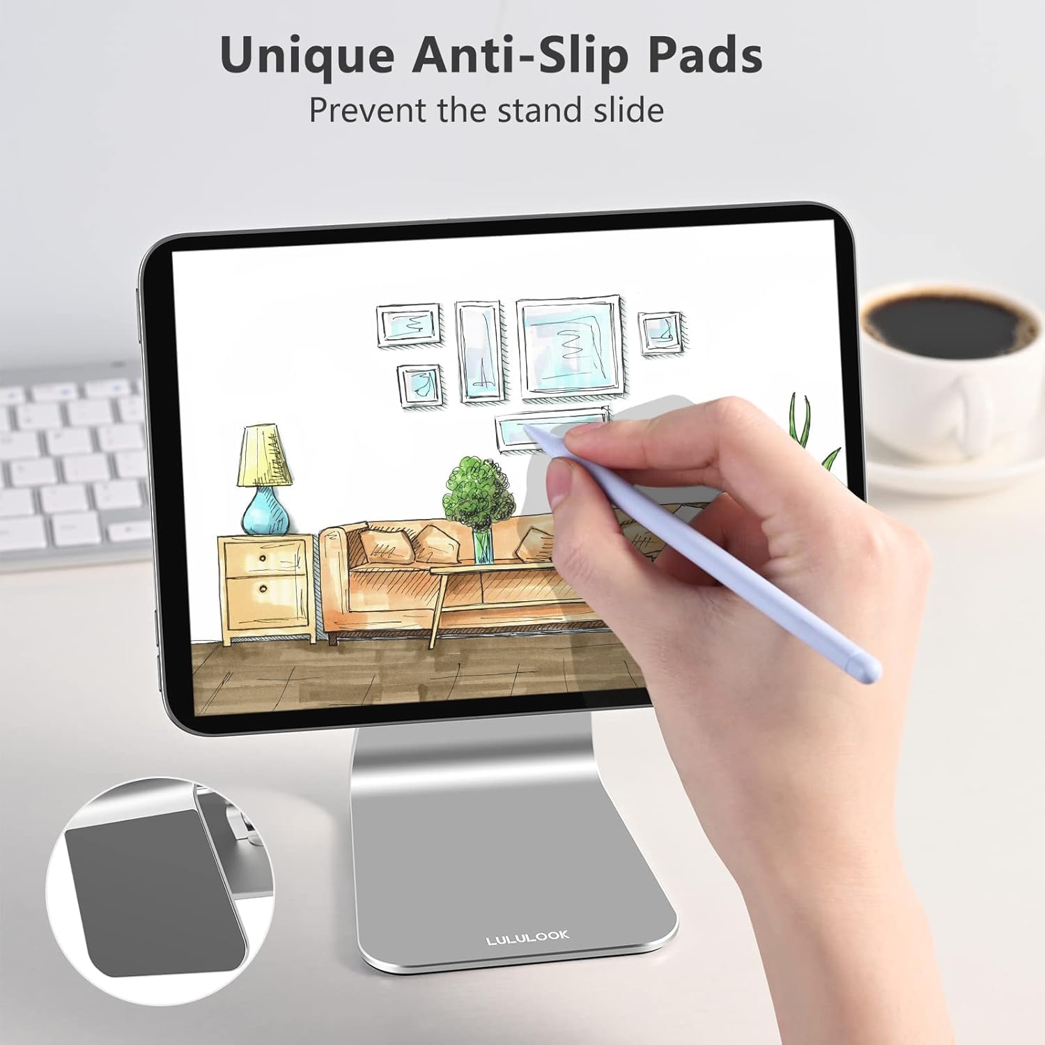 LULULOOK Magnetic Stand for iPad Mini 7 A17 Pro & iPad Mini 6 8.3 inch (2024/2021) - Adjustable Aluminum Rotatable Floating Tablet Holder for Drawing, Viewing, Reading - Perfect for Home Office, Bedroom & Travel (Silver)