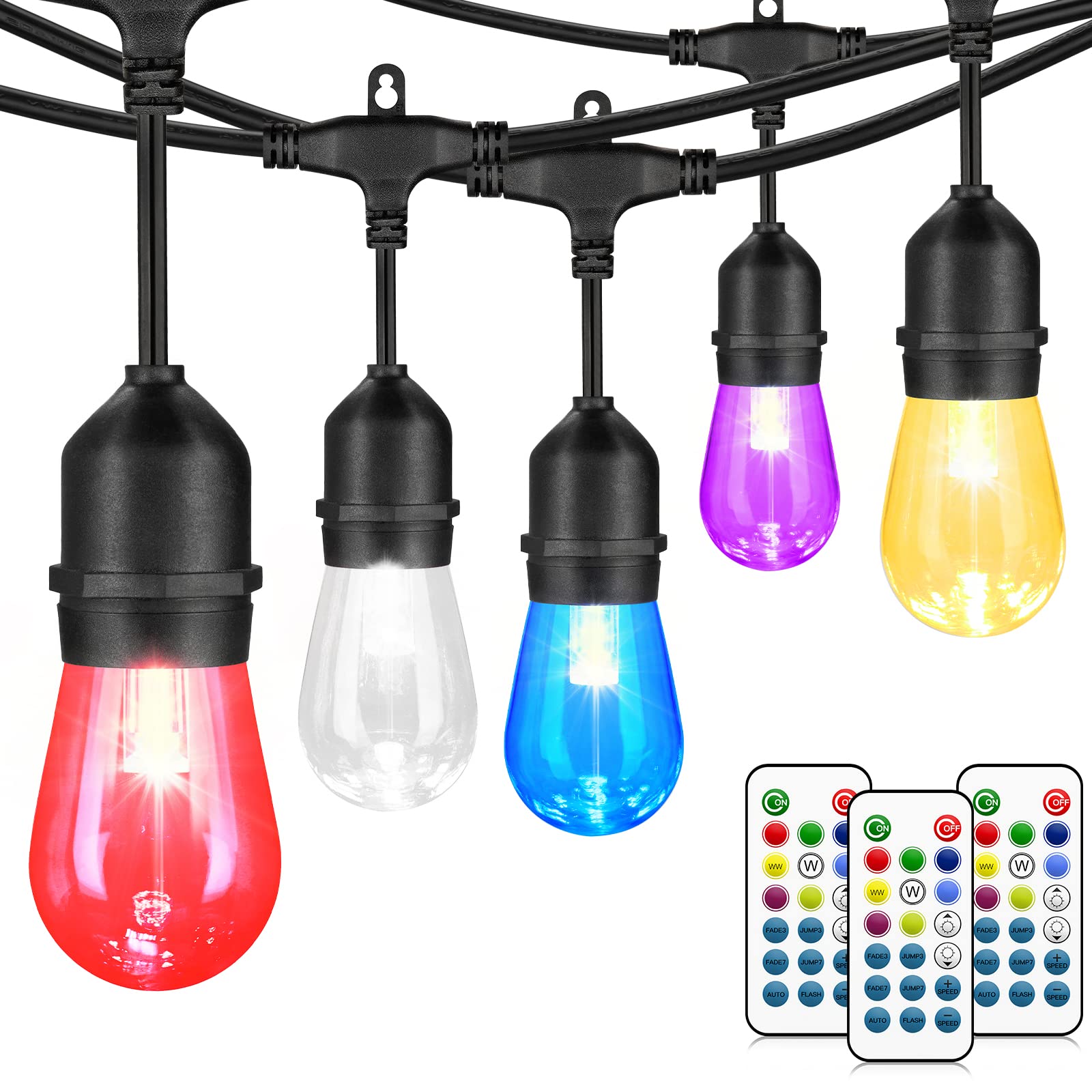 96Ft Outdoor Patio String Lights - 2 Pack Dimmable RGB LED Edison Bulbs (30+5 Commercial Grade) for Yard, Balcony, Garden & Cafe Lighting - Weatherproof Black Lights for Parties, Weddings & Outdoor Decor