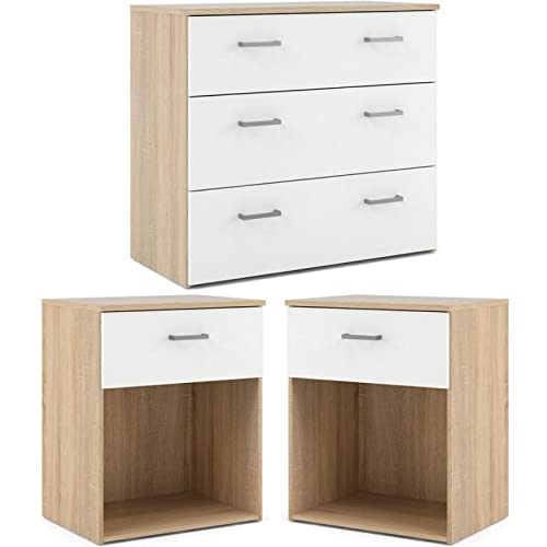 Home Square 3-Piece Bedroom Set - Oak & White Chest and 2 Nightstands - Perfect for Master Bedroom, Guest Room, or Dorm Furniture
