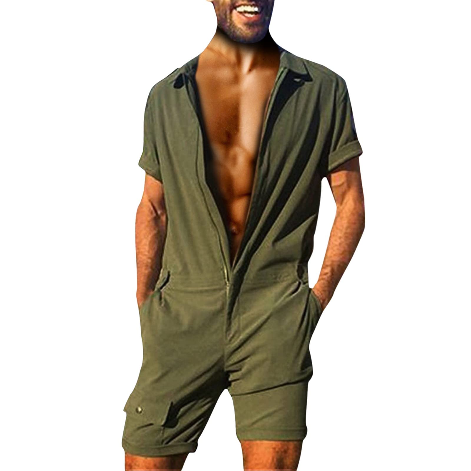 Men's Fashion Zipper Jumpsuit with Button & Pockets - Large Size Solid Color Sweatsuit for Soccer & Casual Wear - Perfect for Workouts, Lounging & Street Style