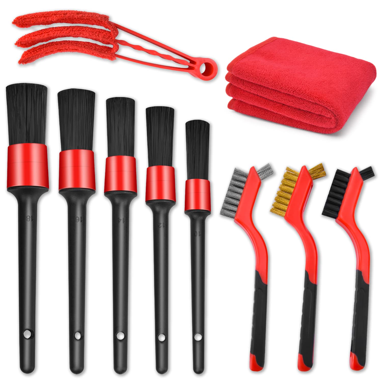 10-Piece Car Detailing Brush Kit - 5 Detail Brushes, 3 Wire Brushes, AC Brush & Microfiber Towel for Wheels, Dashboard, Interior, Exterior, Leather, Air Vents & Emblems Cleaning - Perfect for Car Wash, Auto Detailing & Vehicle Maintenance