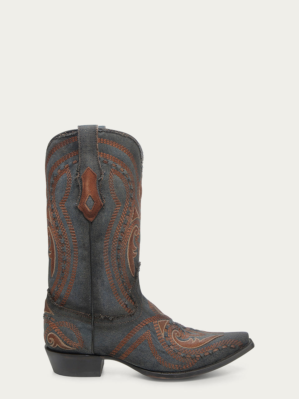 Men's Brown Overlay Embroidery & Woven Snip Toe Denim Cowboy Boots - Western Style Riding Boots for Country Music Festivals & Rodeo Events