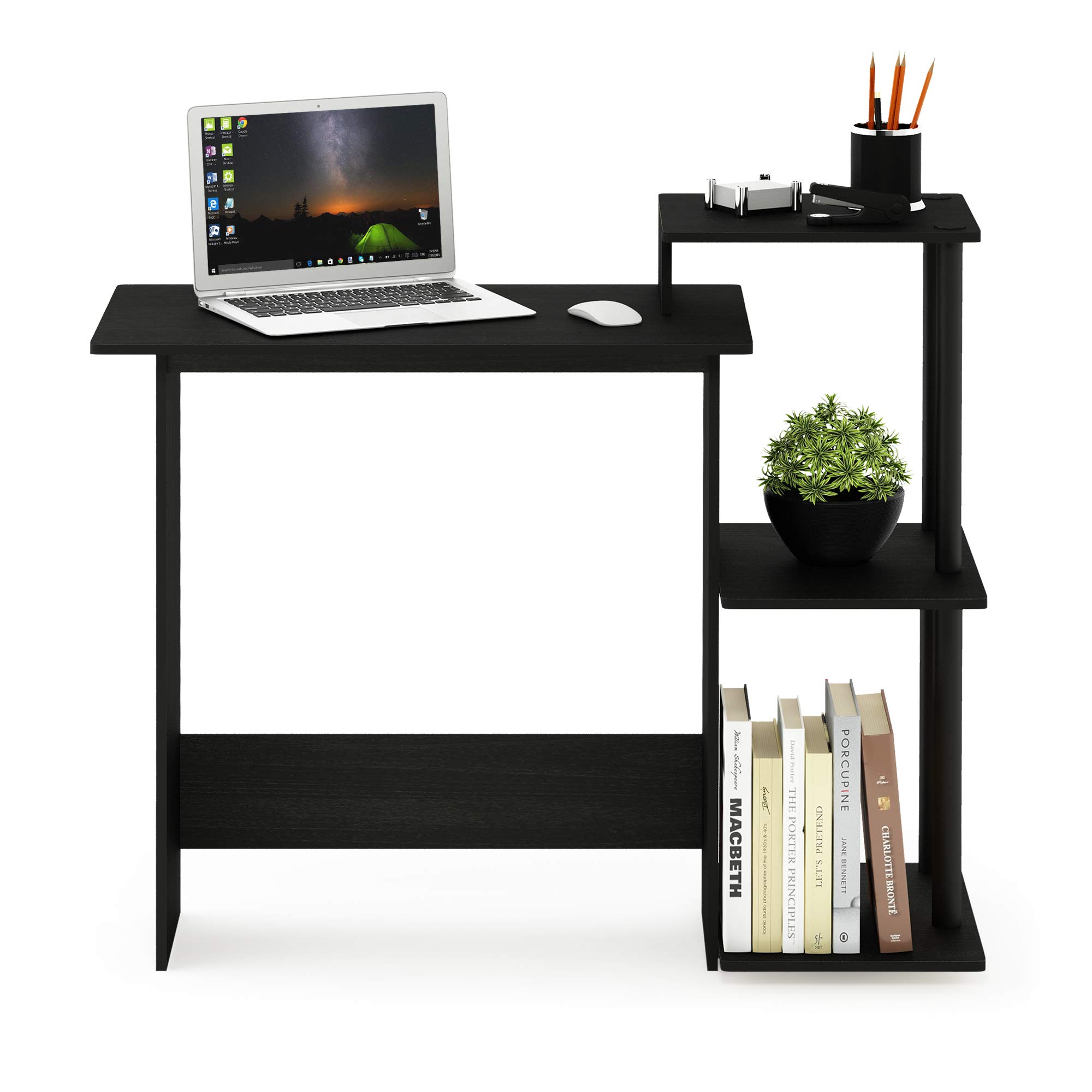 Furinno Compact Home Office Desk with Square Shelves for Laptop & Notebook - Americano/Black - Perfect for Small Spaces, Dorm Rooms & Workspaces