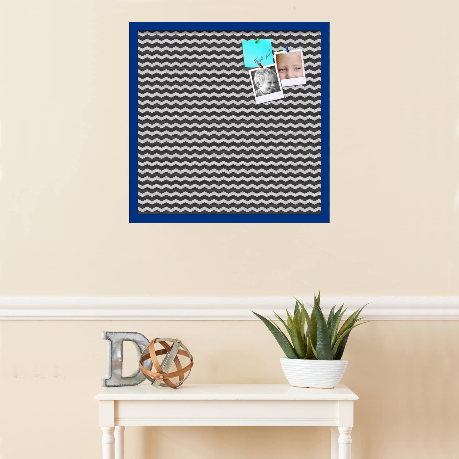 PinPix 24x24 Inch Cork Bulletin Board - Black & White Chevron Design with Blue Stained Beech Frame - Stylish Home Office Decor, Message Board & Wall Organizer for Notes, Photos & Reminders (PinPix-118)