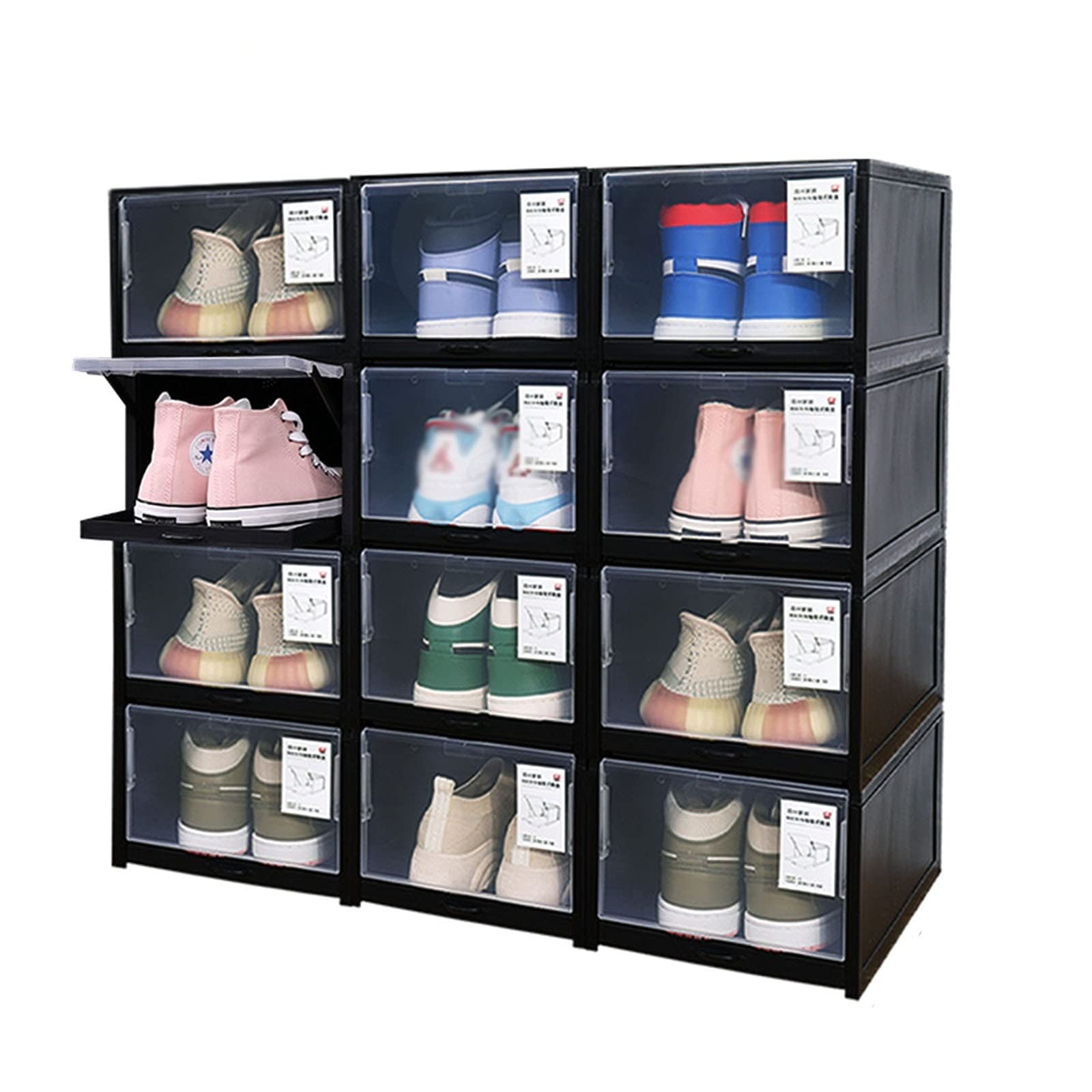 SUNDAY HOME Clear Shoe Boxes with Drawers - 12 Pack Stackable Plastic Shoe Storage Containers | Closet Organizer & Sneaker Display Case (Black) - Perfect for Shoe Collection, Closet Organization & Home Storage Solutions