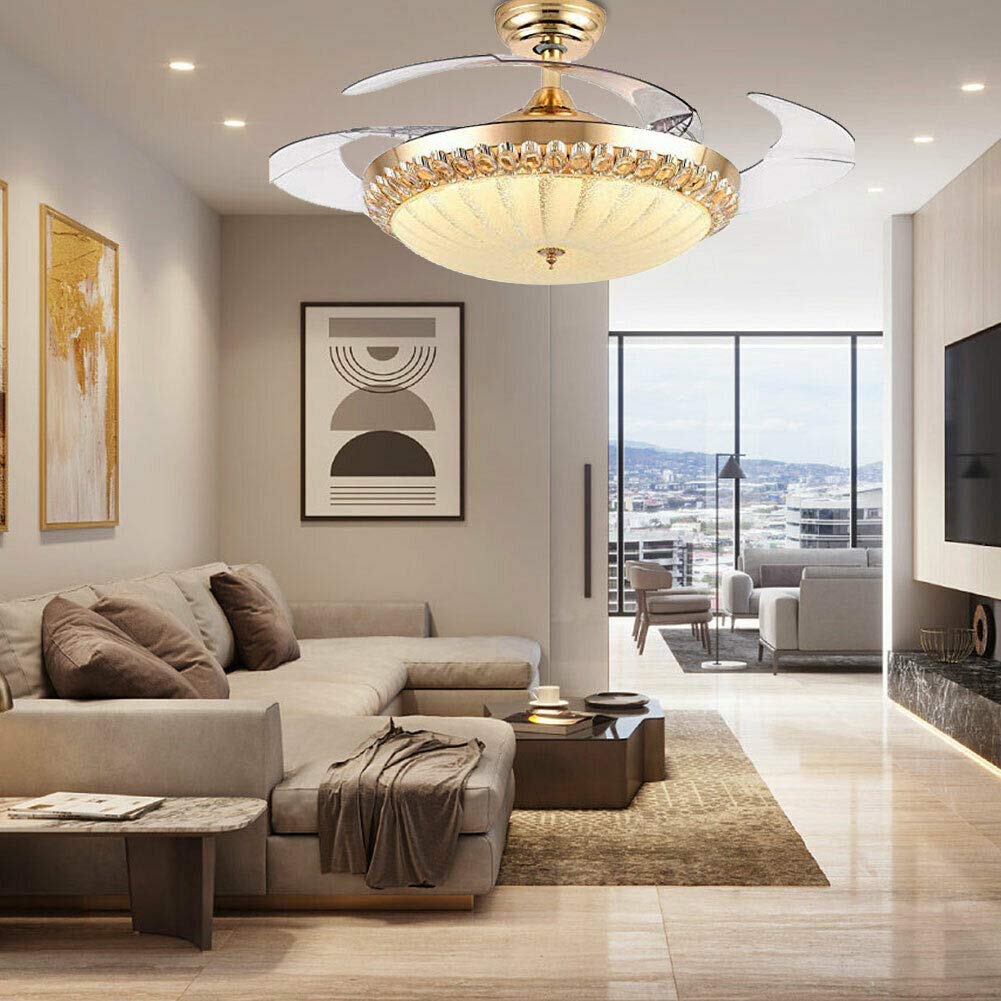 42 Inch Luxury Crystal Ceiling Fan with Light - Gold/Silver Finish, Remote Control, Reversible Motor - Perfect for Living Room, Bedroom & Dining Room Decor
