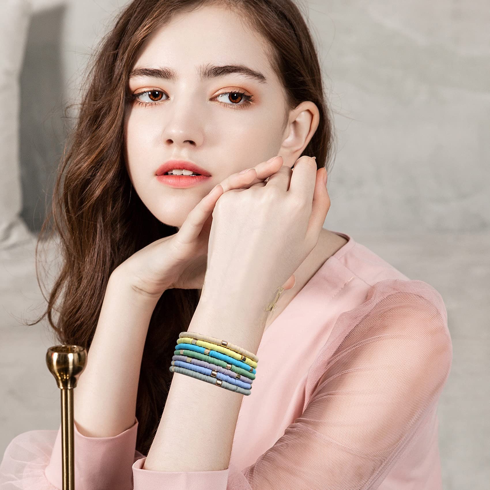 GOOJIDS Surfer Heishi Clay Bead Bracelets for Women - Bohemian Stackable Gold Beaded Stretch Bracelets Set, Elastic Layering Friendship Jewelry - Perfect for Beach Vacations, Music Festivals & Boho Fashion Accessories