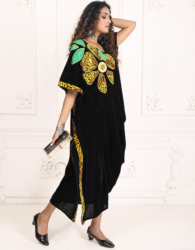 Stylish Arabic Dark Back Multi Printed Velvet Kaftan - Elegant Long Dress for Women, Perfect for Parties, Weddings & Special Occasions