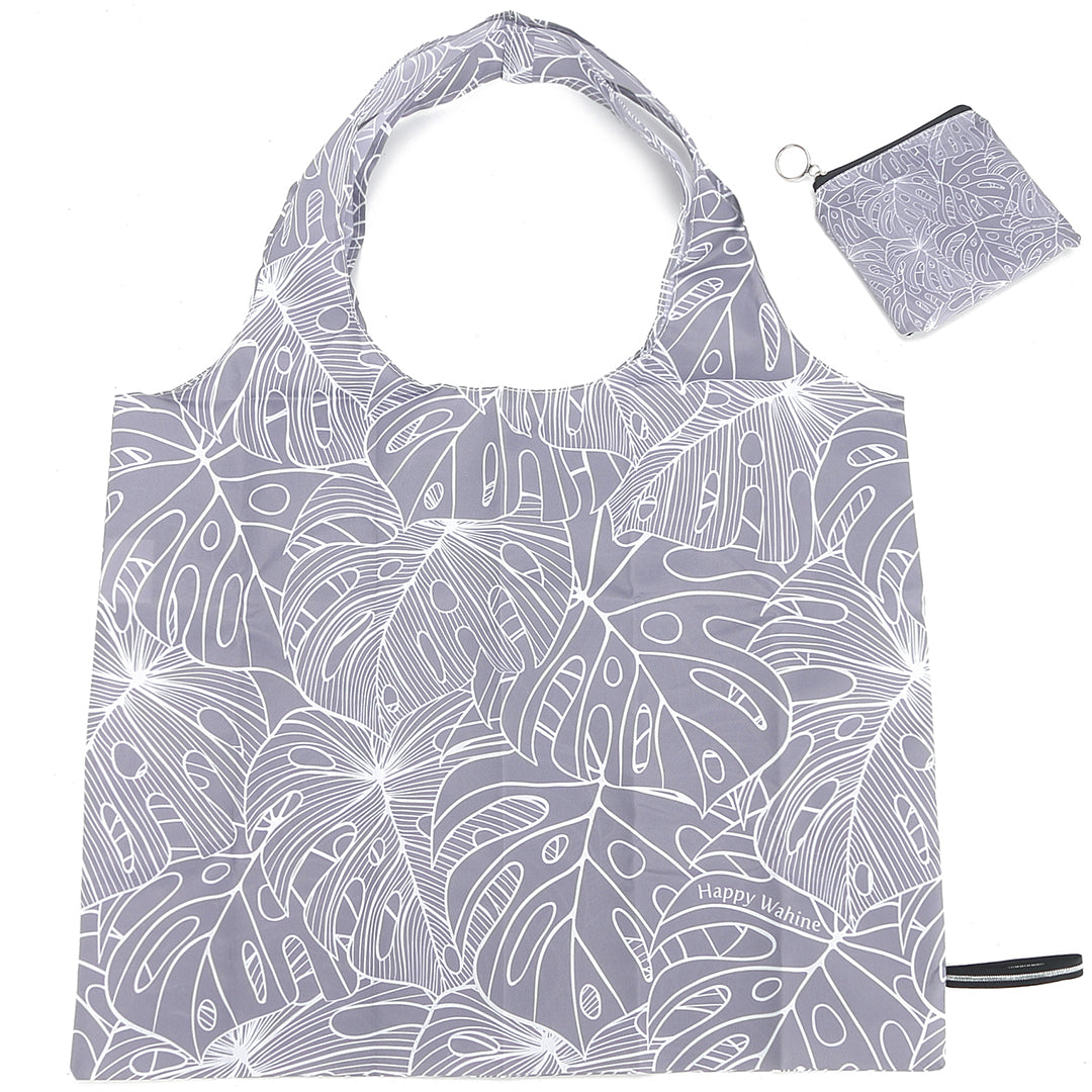 Foldable Tote Bag with Monstera Leaf Design - Stylish Grey Eco-Friendly Shopping Bag for Groceries, Beach, and Travel