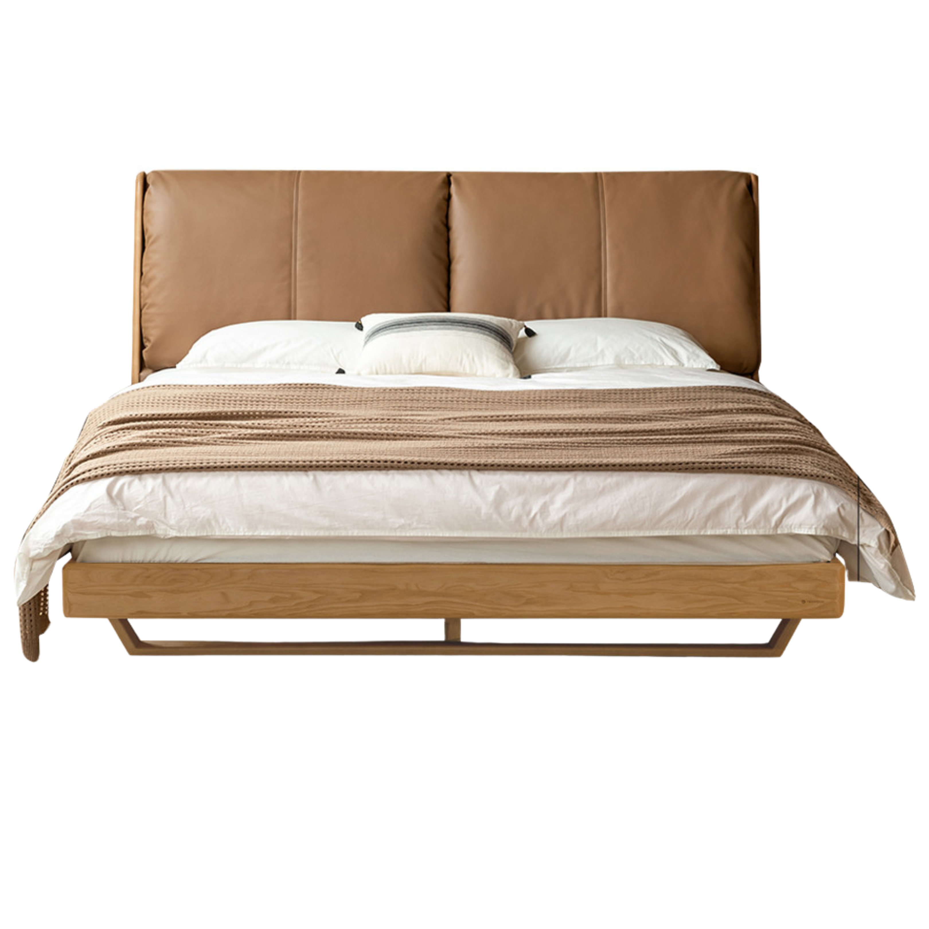 Italian Light Luxury Oak & Ash Solid Wood Leather Upholstered Suspended Bed - Elegant Master Bedroom Furniture for Modern Home Decor