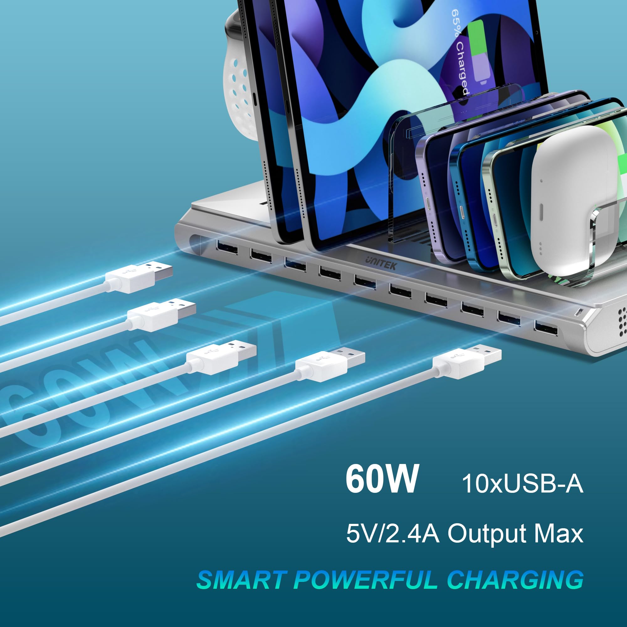 Unitek 10-Port USB Charging Station for iPad, iPhone, Android | Fast Multi-Device Charger Dock | Cell Phone Organizer for Home, Office & Travel | Silver