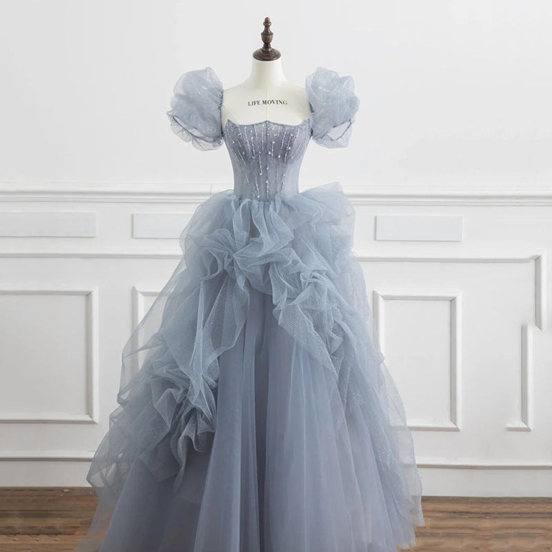 Blue Tulle Princess Ball Gown with Puff Sleeves - Sweet Evening Dress for Women Size 92 | Perfect for Prom, Quinceañera, Wedding & Formal Events