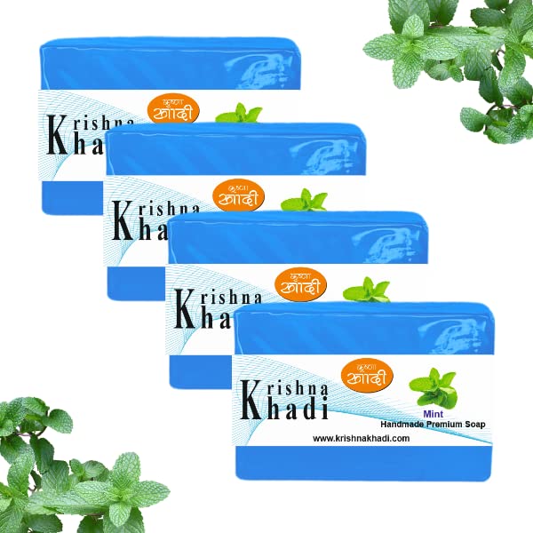 Krishna Khadi Premium Mint Soap Bar - 4 Pack (125g Each) | Pure, Gentle & Moisturizing Bath Soap for Dry & Sensitive Skin | Ideal for Daily Use, Spa & Ayurvedic Skincare Routine