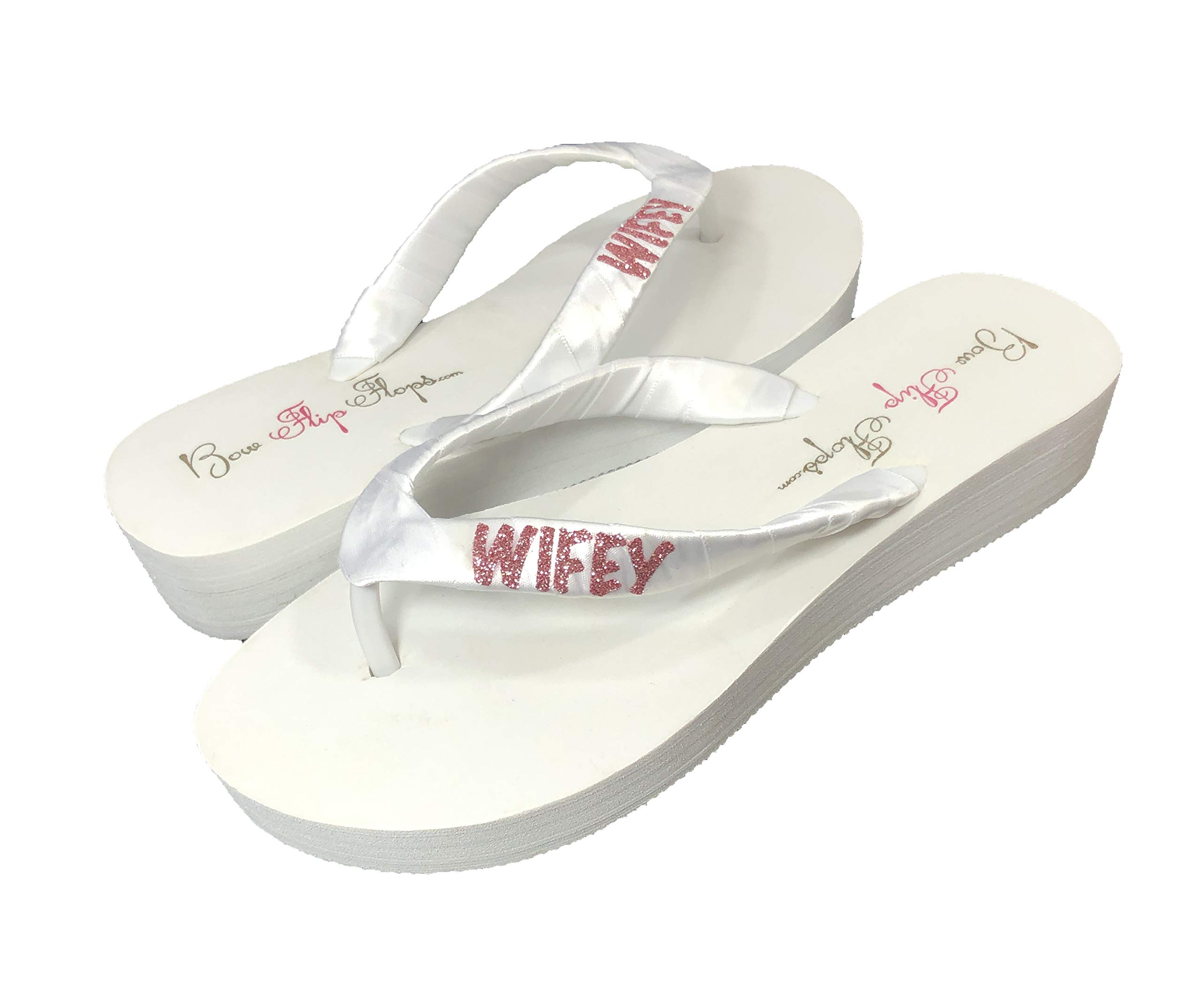 Women's White Wedding Flip Flops with Rose Gold Pink Glitter - Comfortable Bridal Shower, Bachelorette Party & Beach Wedding Shoes
