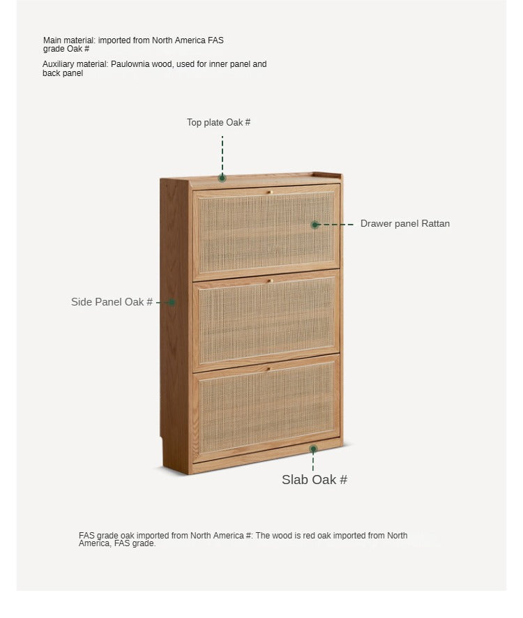 Oak Solid Wood Ultra Thin Flap Door Rattan Shoe Cabinet - Space Saving Entryway Storage Organizer for Hallway, Closet & Mudroom