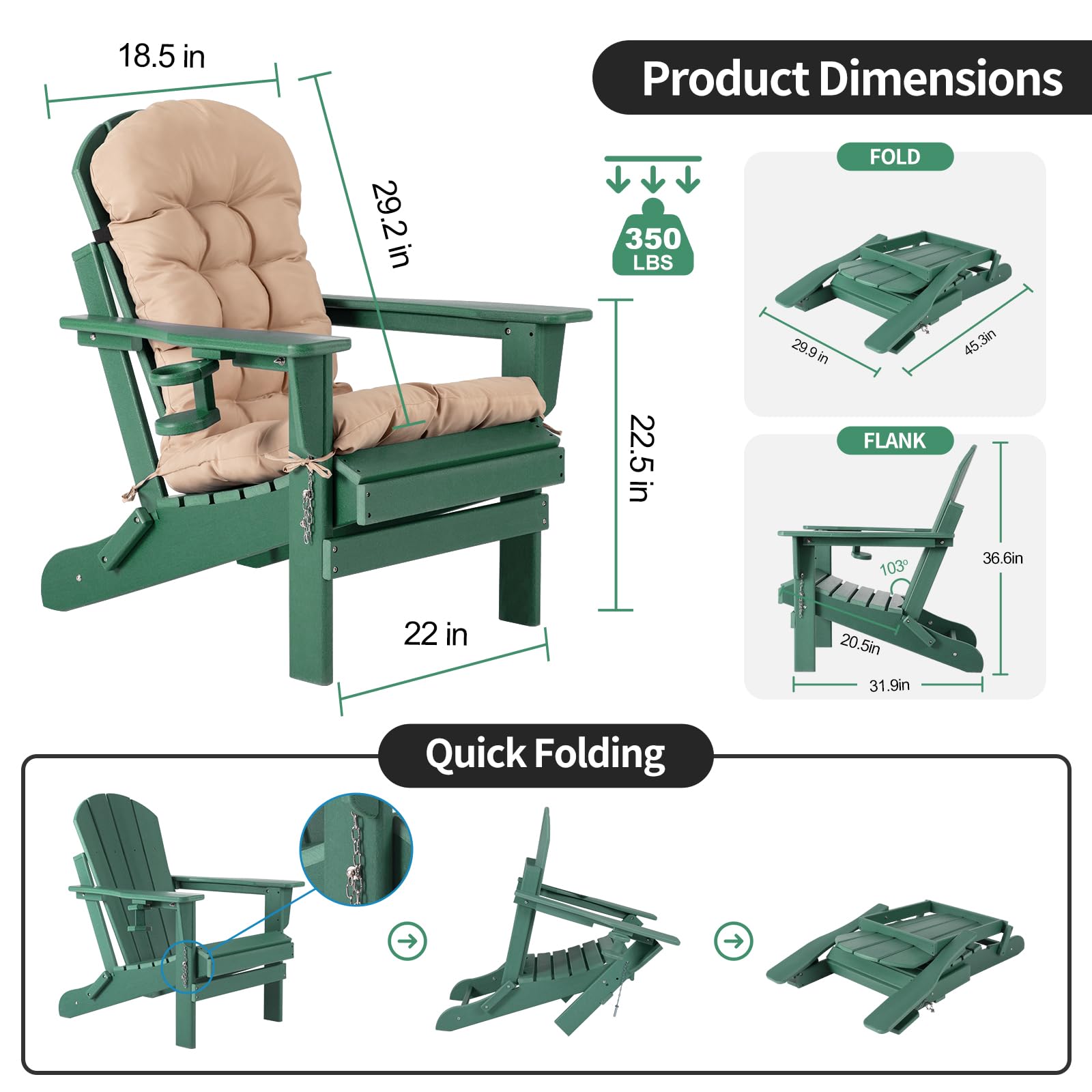 Premium Folding Adirondack Chair with Cushion & Cup Holder - Heavy Duty HDPE Plastic Oversized Patio Chair - Weather Resistant Outdoor Furniture for Garden, Deck, Fire Pit, Camping & Backyard Relaxation (Green)