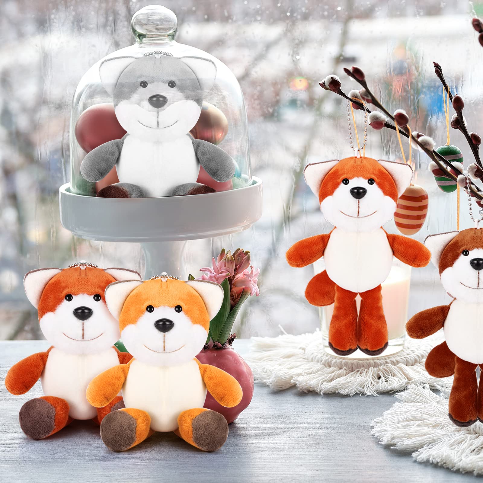 12 Pack Mini Plush Animal Toys - 4 Inch Cute Stuffed Turtle, Puppy, Dog, Pig Keychain Pendants for Birthday Party Favors, DIY Home Decor & Handbag Charms (Fox Style) | Perfect for Kids Gifts, Party Giveaways & Room Decoration