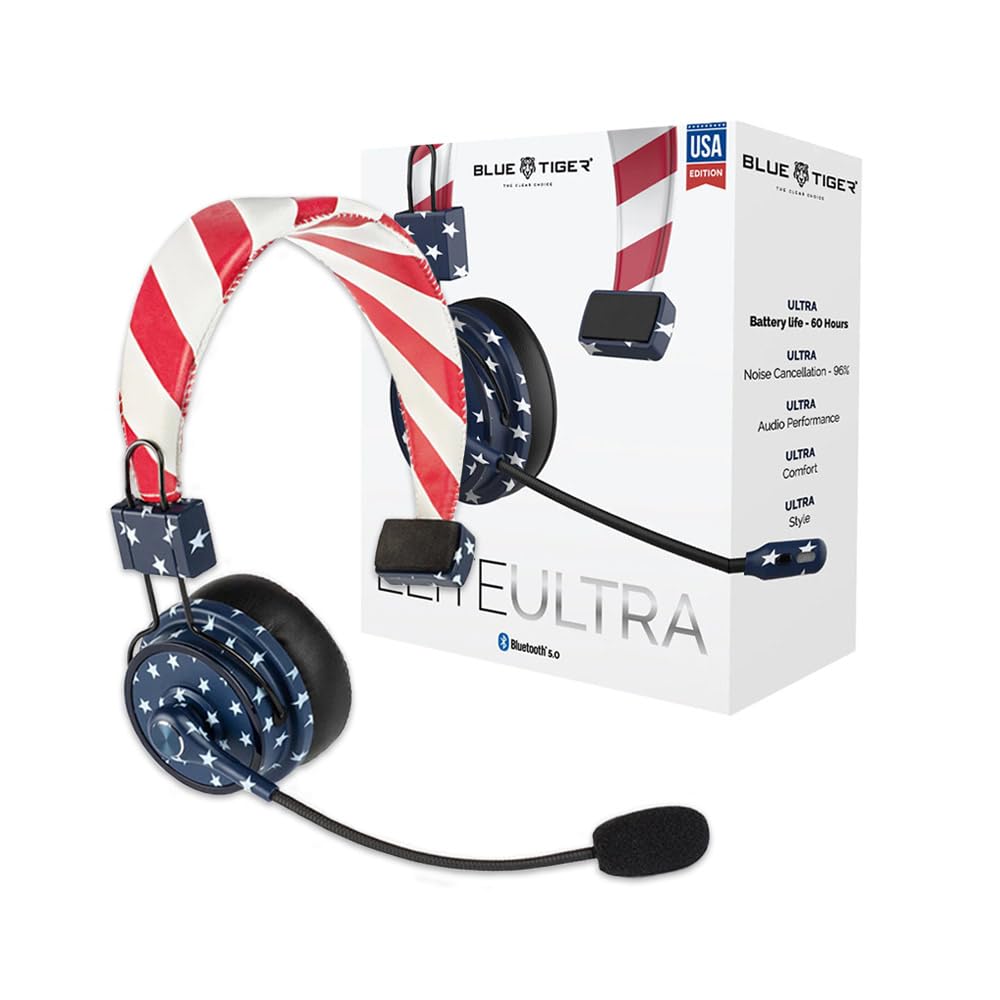 Blue Tiger Elite Ultra Wireless Bluetooth Headset with Noise Cancellation - Bluetooth 5.0 Over-Ear Headphones for Truckers - 60 Hours Talk Time & 1200 Hours Standby - Perfect for Long Haul Driving, Office Work, and Hands-Free Calls