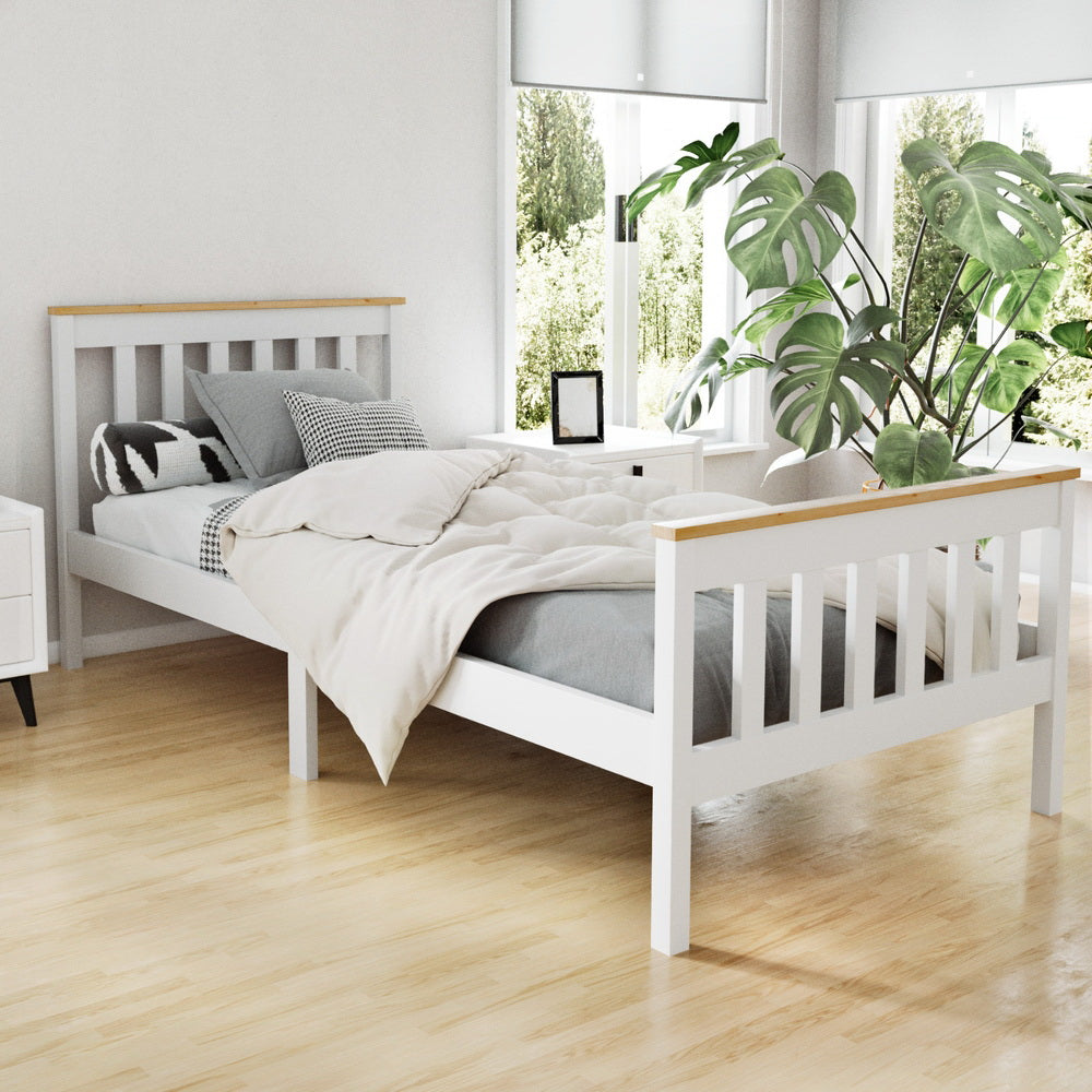 Kewarra Solid Wood Single Bed Frame - White Queen Size Platform Bed with Headboard - Perfect for Small Bedrooms, Guest Rooms & Kids Rooms