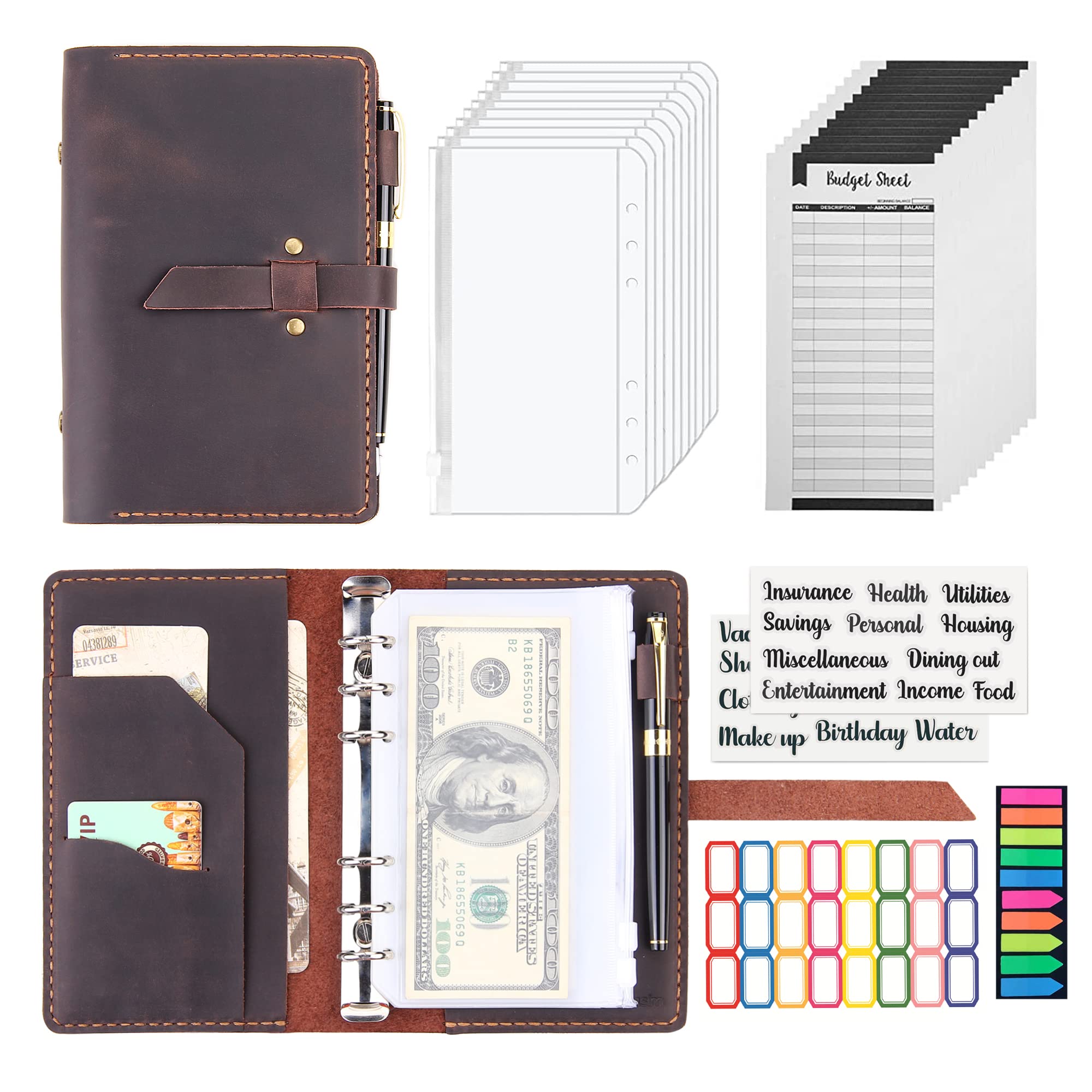 Premium Handmade Leather A6 Binder Budget Planner with Cash Envelopes - Money Saving Organizer for Cash & Budget Tracking - Perfect for Personal Finance, Travel, and Office Use