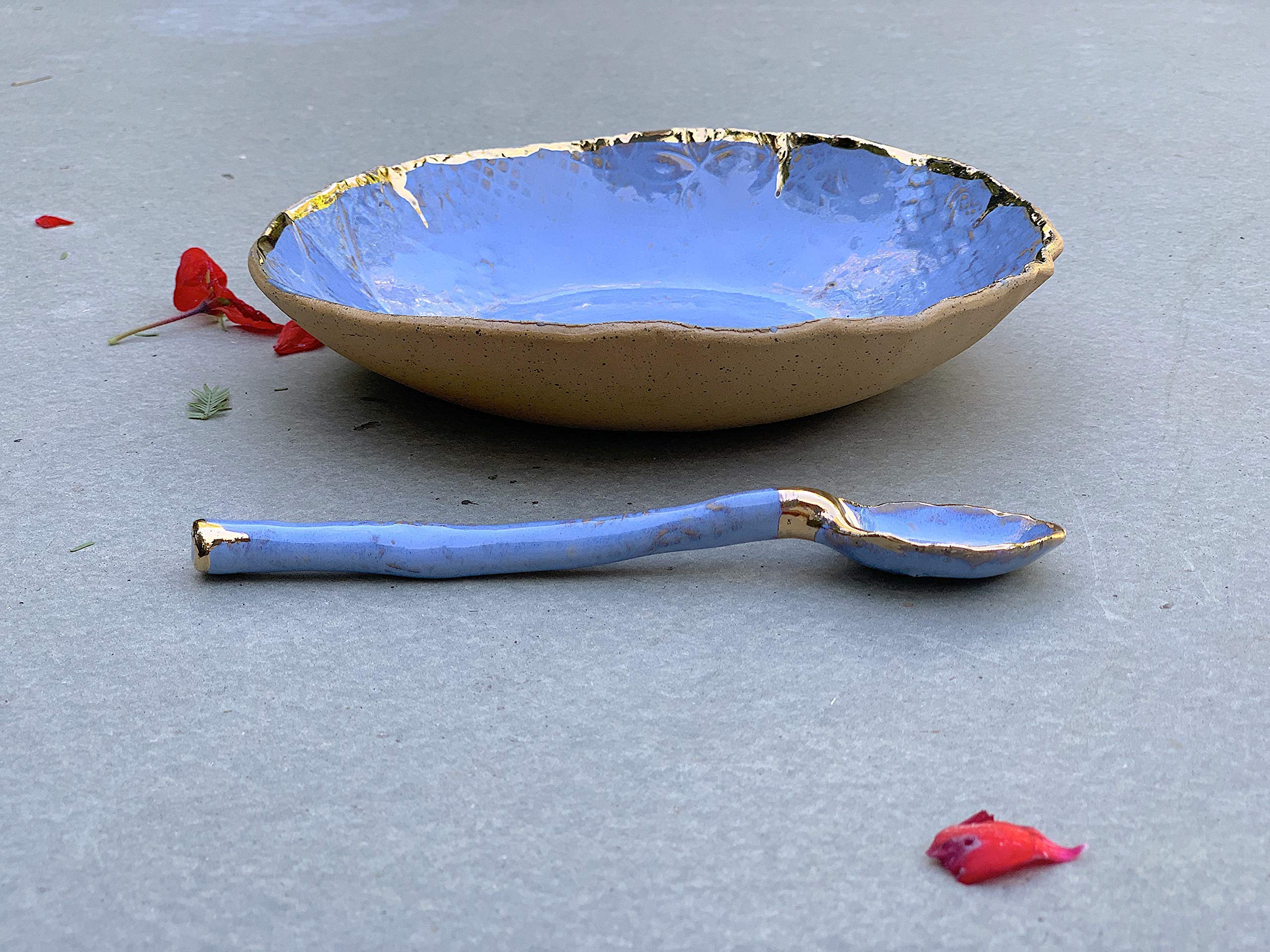 Handmade Ceramic Blue Gold and Brown Clay Bowl and Spoon Set - Artisan Kitchen Serving Dish for Soup, Salad, Dips, Cereal - Perfect for Dining, Gifts & Home Decor