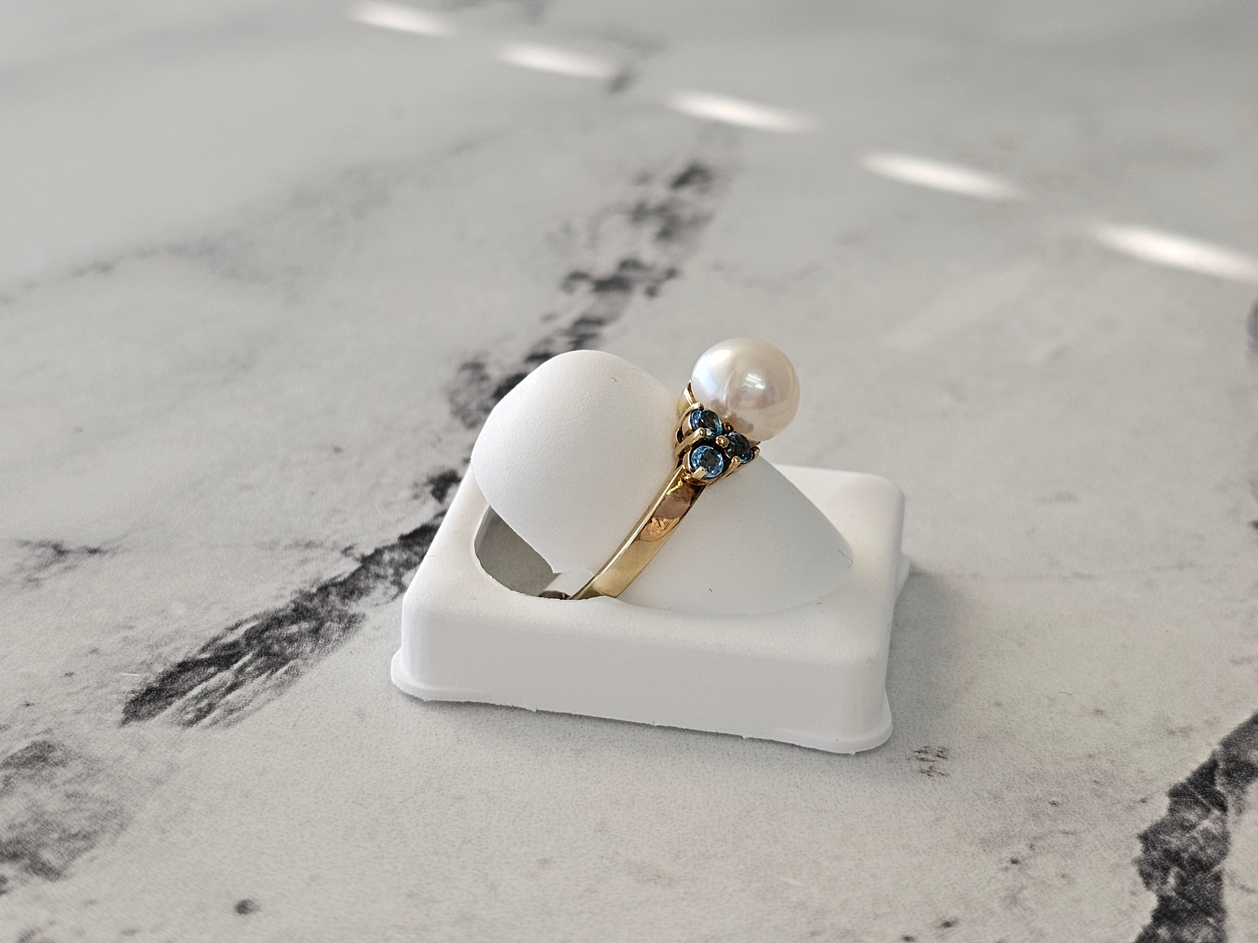 14k Yellow Gold Pearl Ring with Blue Topaz Accents - Elegant Jewelry for Weddings, Anniversaries & Special Occasions