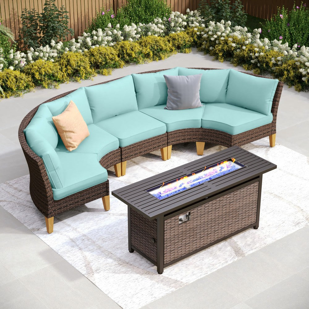 PHI VILLA 7-Piece Outdoor Rattan Sectional Sofa Set with Fire Pit Table - Half Moon Shape Wicker Patio Furniture for Backyard, Garden, Poolside & Deck Relaxation