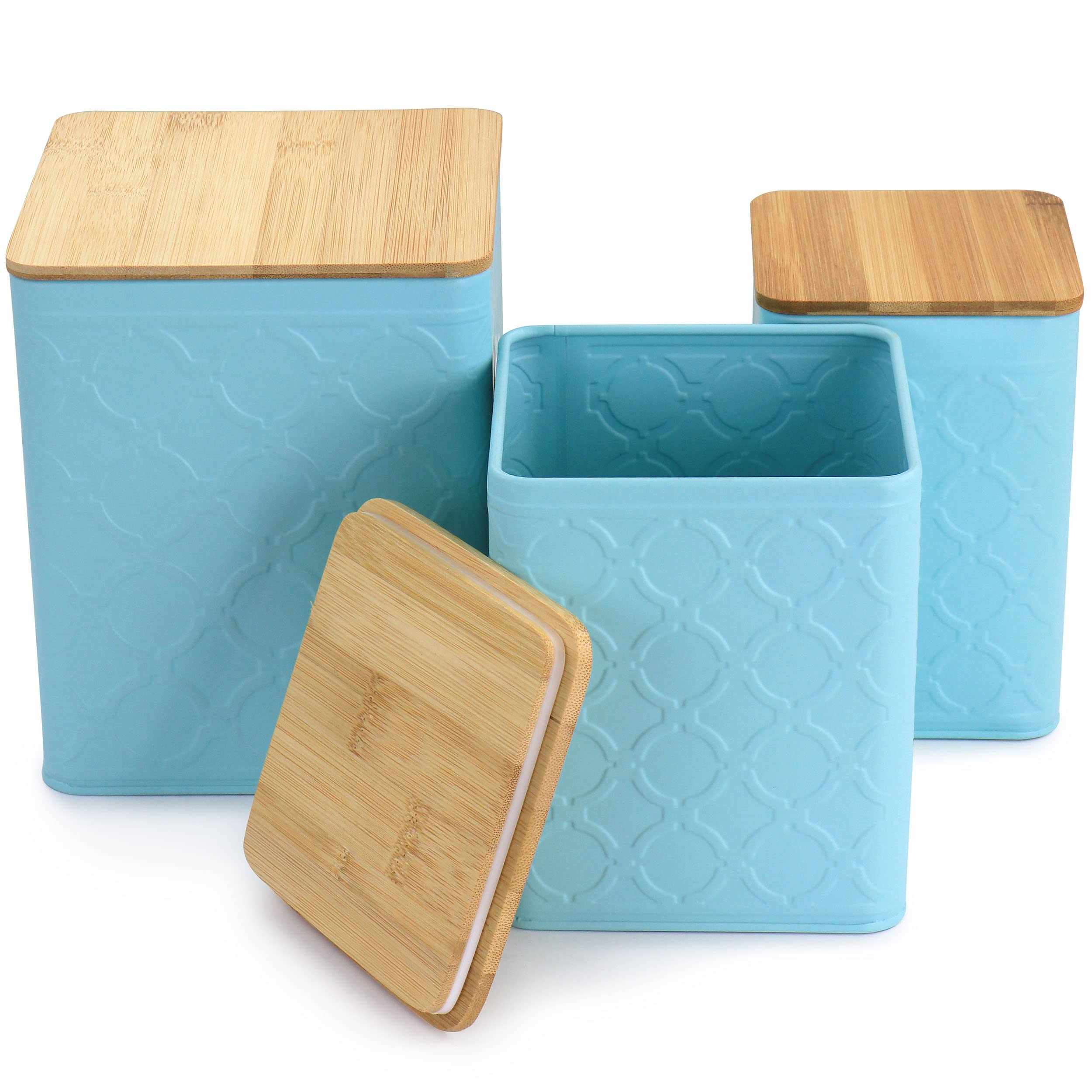 MegaChef 3-Piece Square Iron Canister Set - Airtight Kitchen Storage Containers for Flour, Sugar, Coffee & Tea | Turquoise Blue Pantry Organization for Countertop or Cabinet