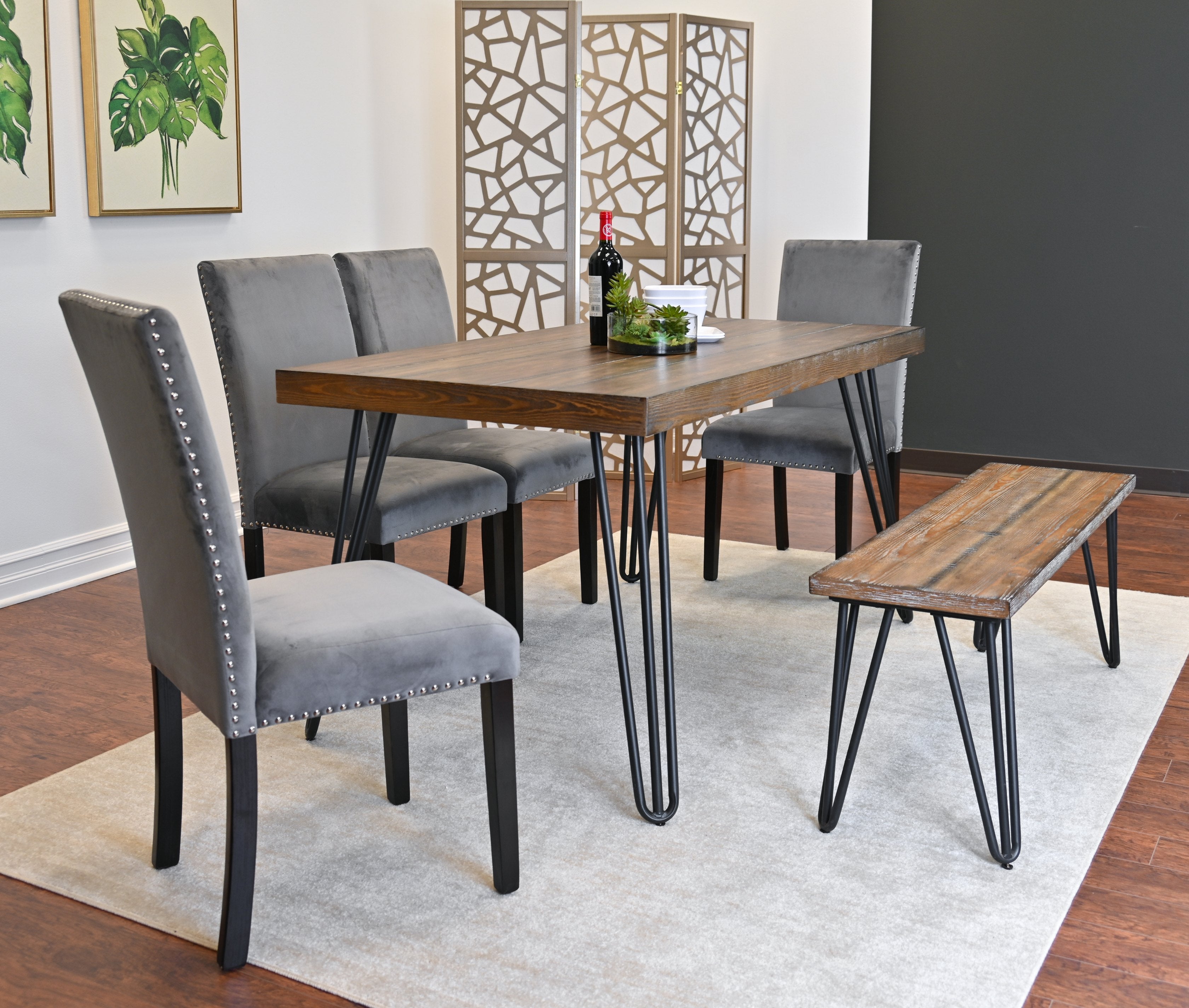 Roundhill Furniture Ashzo 6-Piece Dining Set with Hairpin Leg Table, 4 Chairs & Bench - Modern Kitchen & Dining Room Furniture for Small Spaces | Perfect for Breakfast Nook, Apartment Dining, and Entertaining Guests