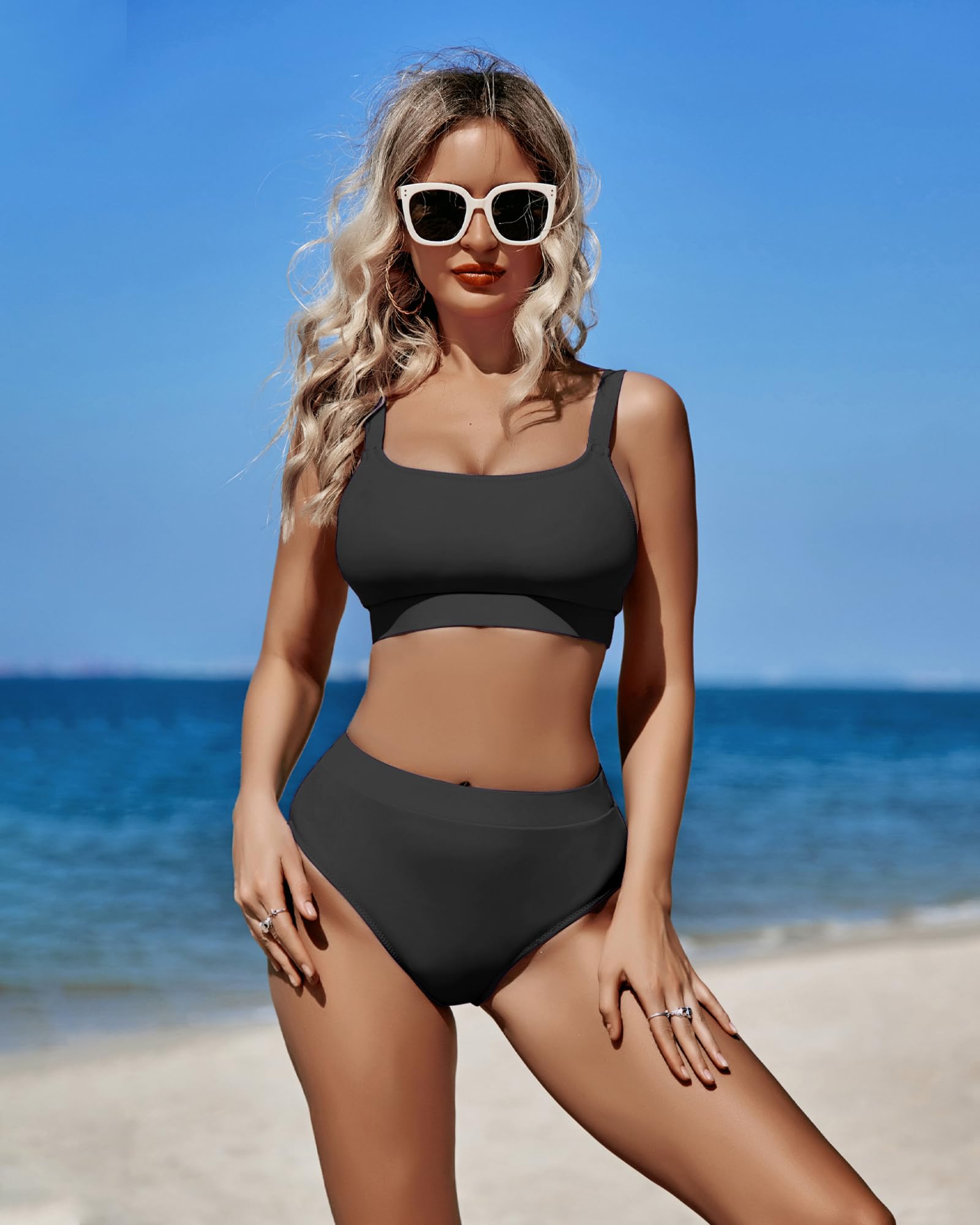 ZINPRETTY Women's High Waisted Bikini Set - Color Block 2 Piece Swimwear with Tummy Control, Sporty Bathing Suit for Teens | Beach, Pool & Summer Vacation Outfits