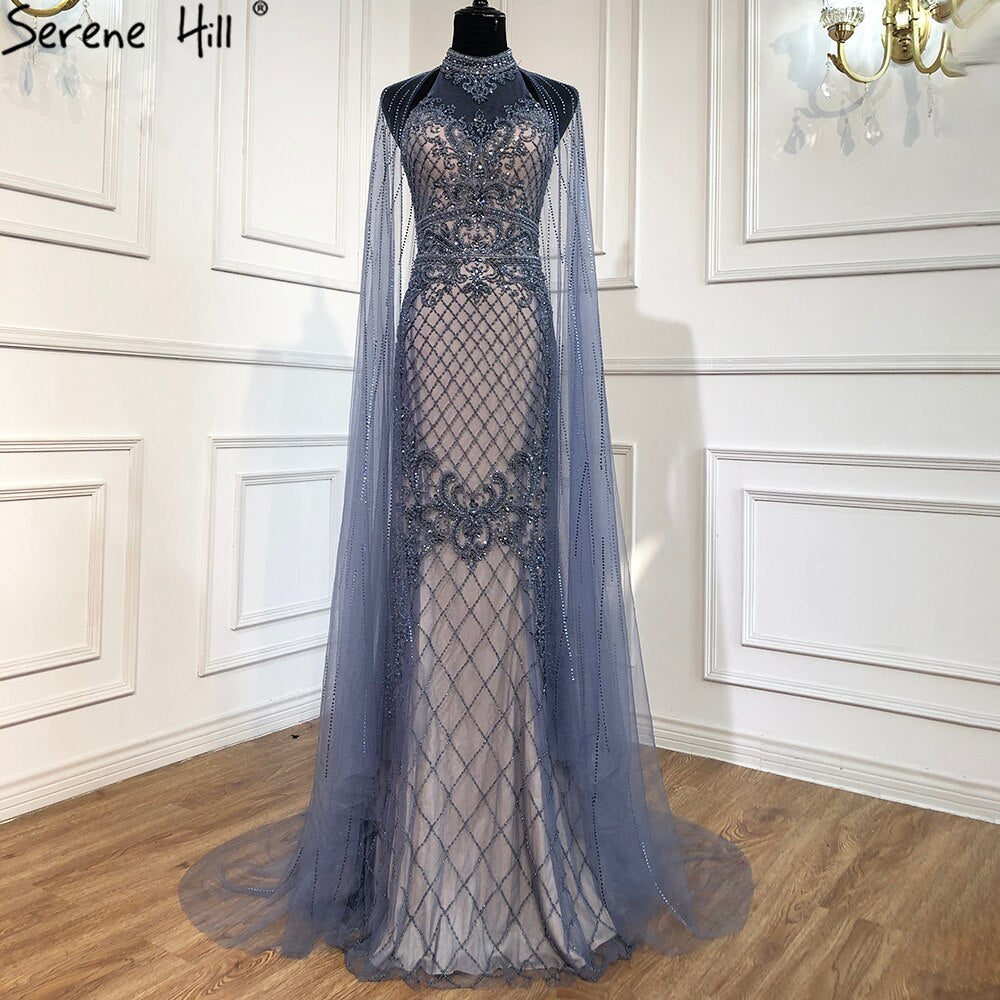 Luxury Navy Blue Mermaid Evening Gown with Train - Elegant Beaded Diamond Dress for Women 2025 | Perfect for Prom, Gala, Wedding & Formal Events - LA70807