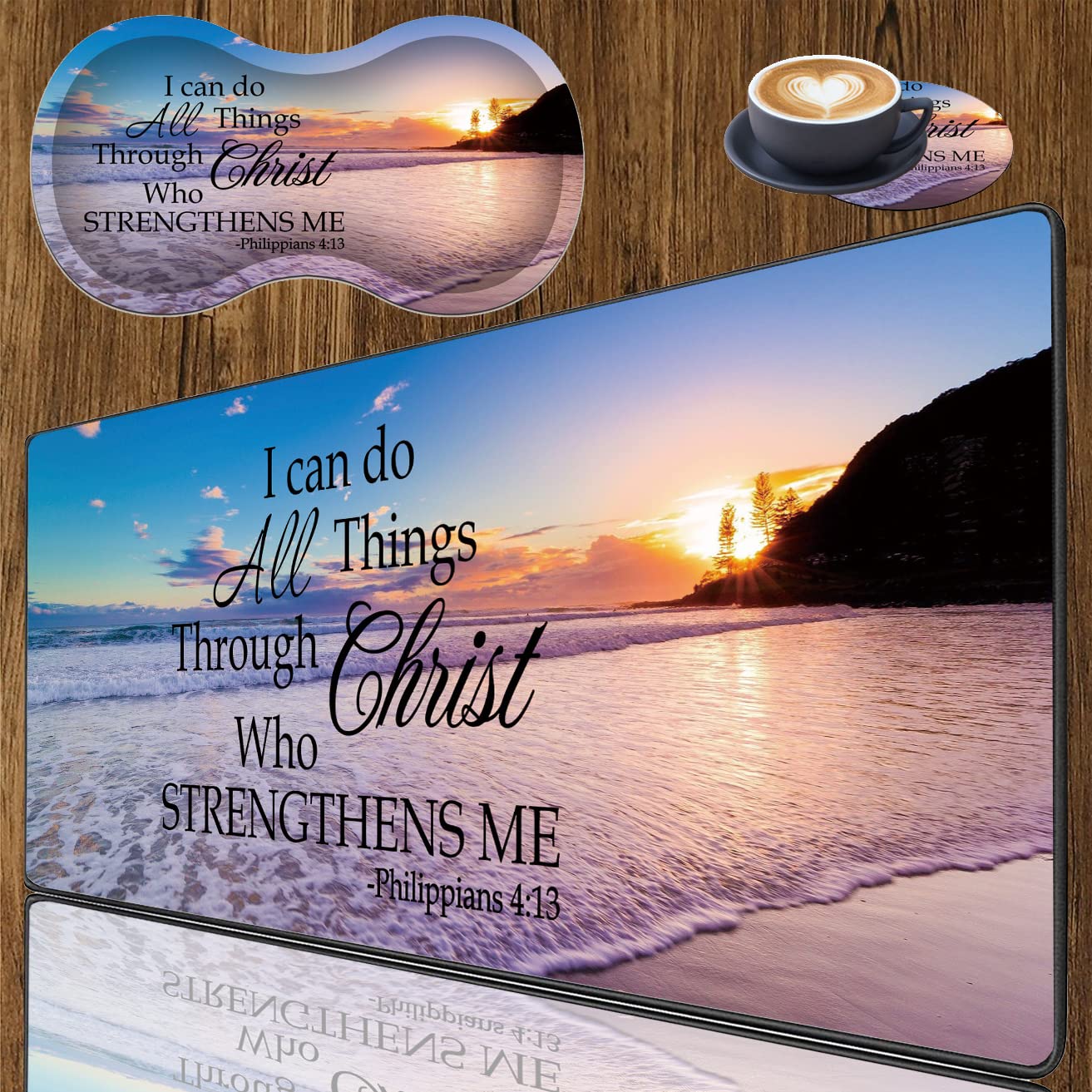 3-Piece Premium Mouse Pad Set with Stitched Edge - Extra Large Non-Slip Desk Mat, Keyboard Pad & Memory Foam Wrist Rest + Bonus Coaster - Office & Home Workspace Essentials (Bible Verse Philippians 4:13 Design) - Perfect for Gaming, Computer Work & Ergonomic Comfort