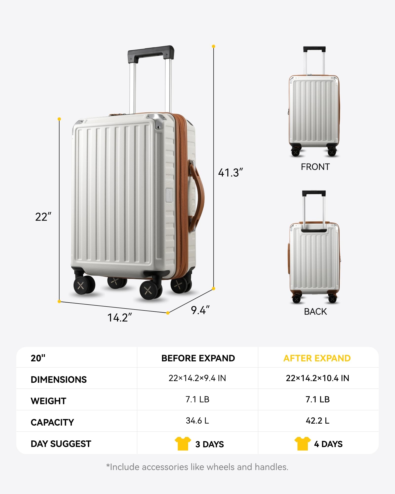 LUGGEX 3-Piece Expandable Hardshell Carry On Luggage Set with 360° Spinner Wheels - Lightweight PC Suitcase for Travel, Business Trips & Vacations (White/Brown)