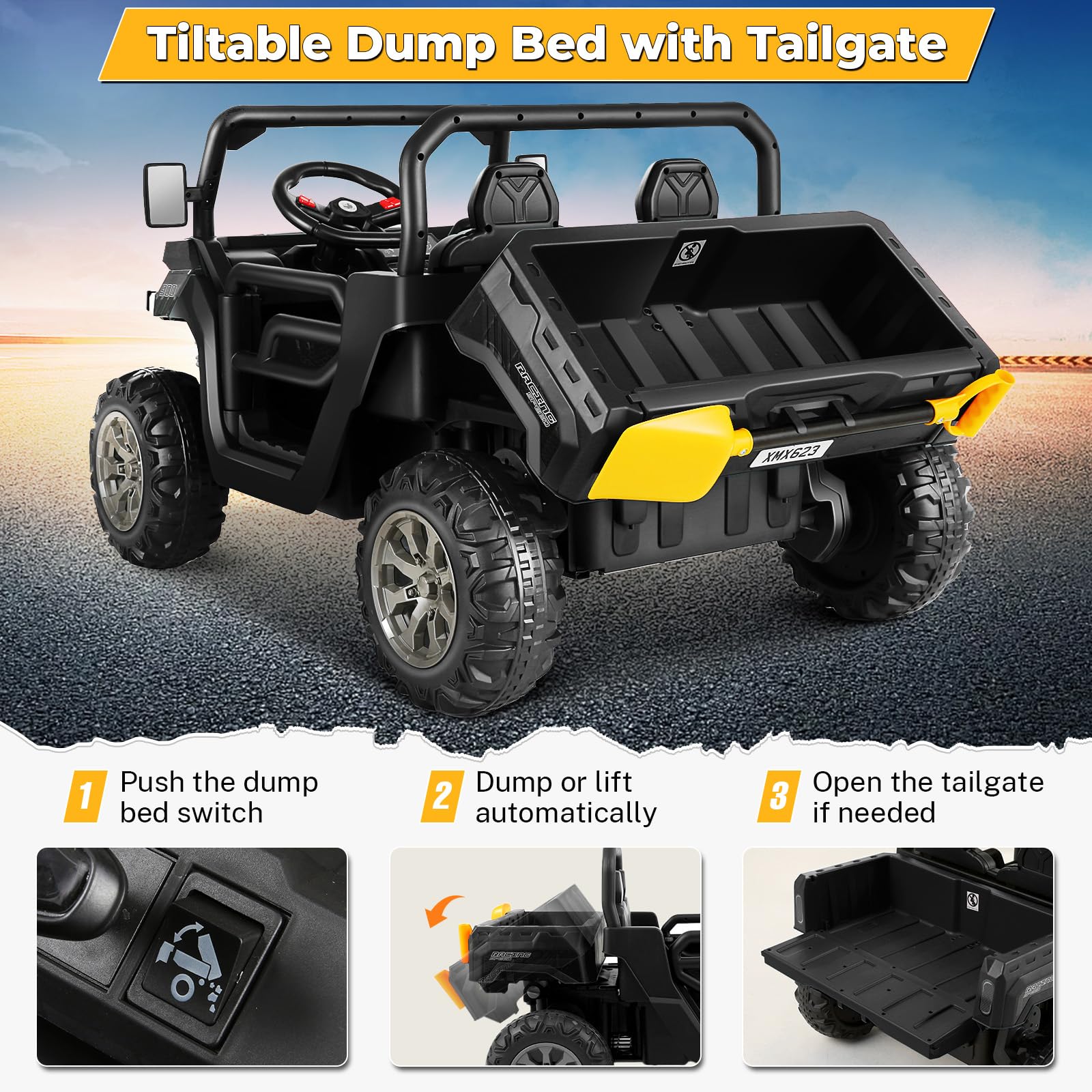 Hikole 24V Electric Ride On Dump Truck for Kids - 2 Seater Power Wheels with Remote Control, 3 Speed Settings, Music & Bluetooth - 24 Volt Battery Powered Toy Truck for Big Boys & Girls (Black) - Perfect for Outdoor Play, Backyard Adventures & Construction Pretend Play