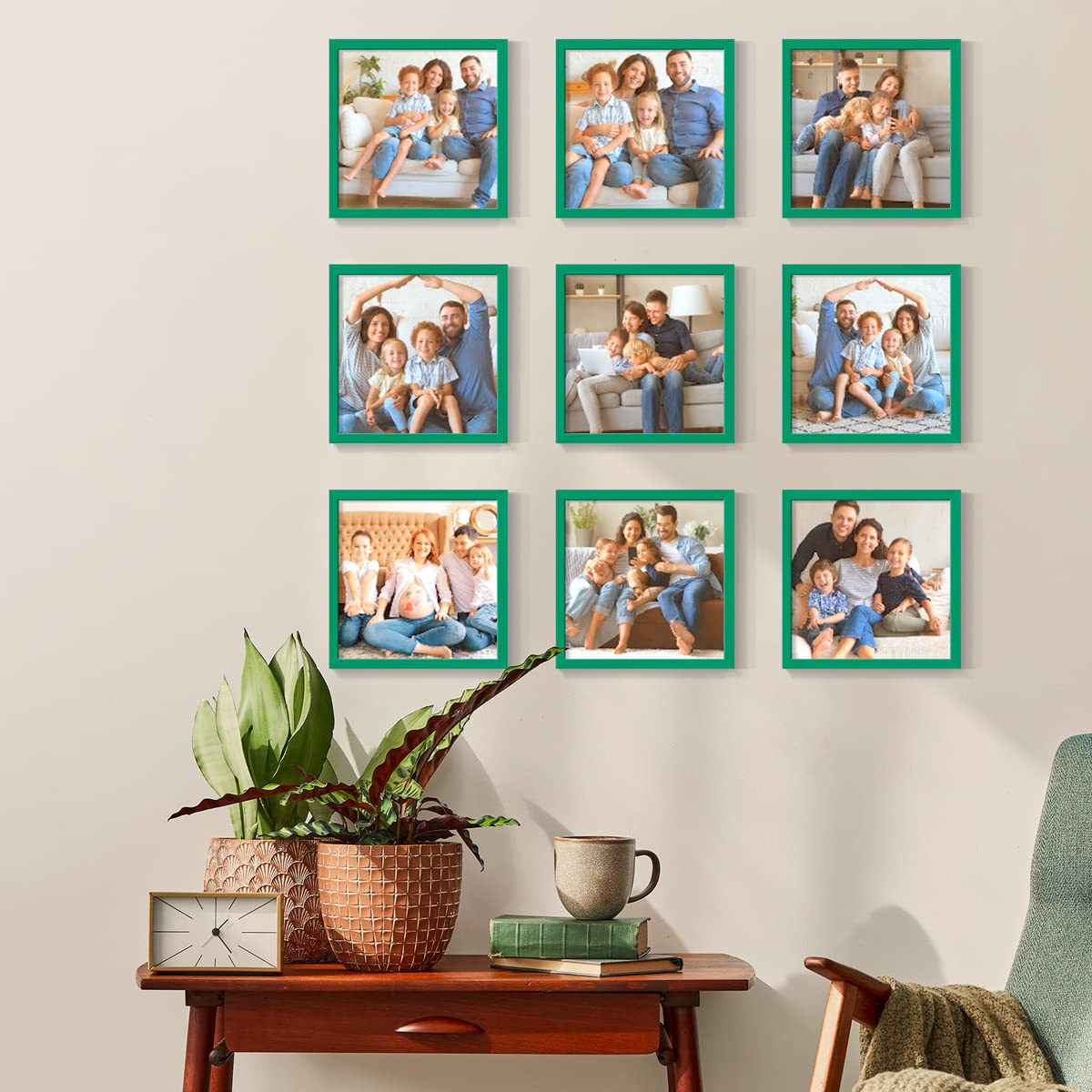 Set of 9 Custom 8x8 Photo Prints with Real Wood Picture Frames | Personalized Photo Collage Kit | Peel & Stick Wall Frames | Green Wooden Frames for Home Decor, Living Room & Bedroom Wall Art