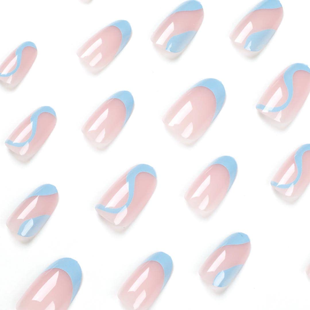 French Tip Press on Nails - Medium Fake Nails with Swirl Design, Blue Stick on Nails, Almond Shaped Artificial Nails for Women | Perfect for Parties, Weddings, and Daily Wear