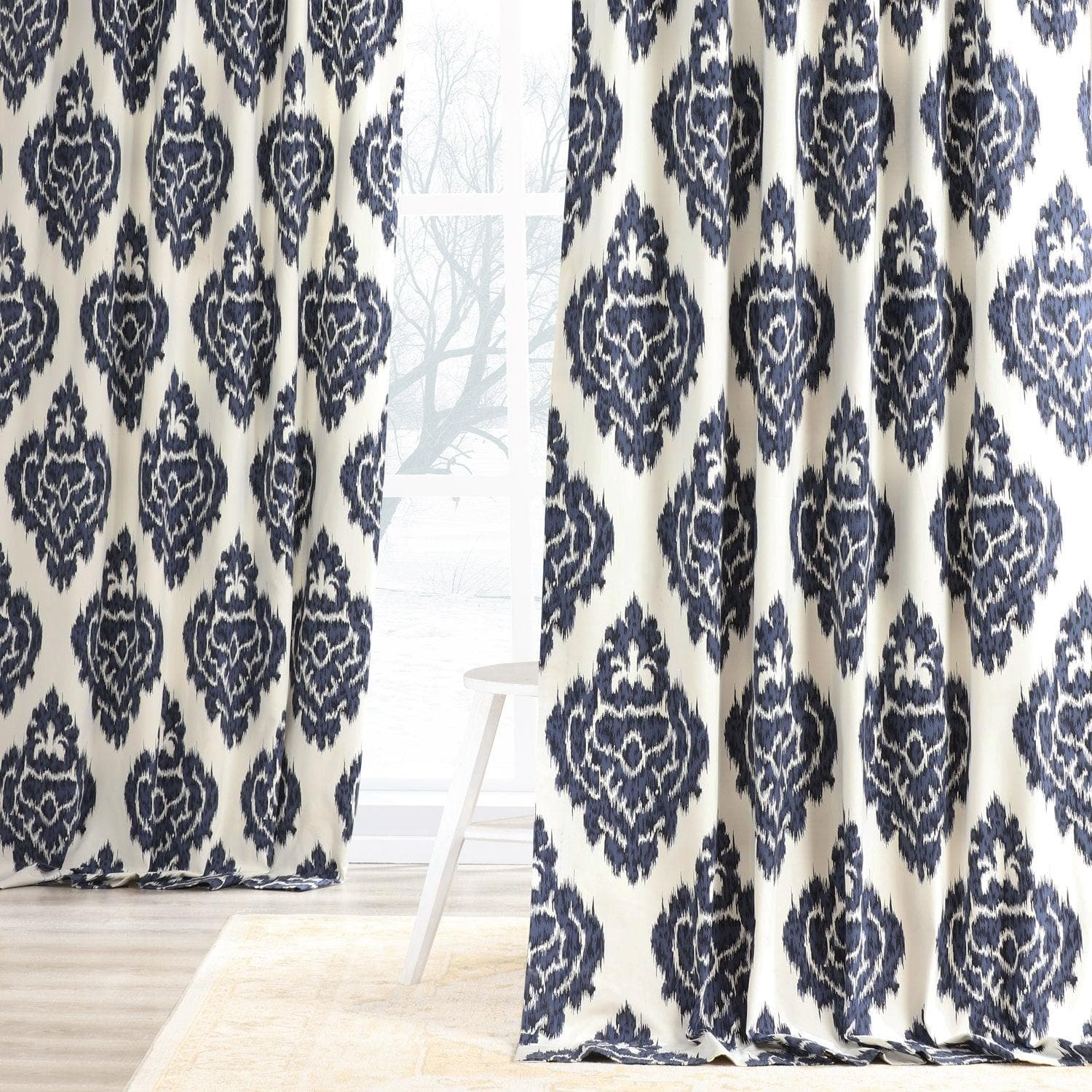 Blue Ikat Damask Printed Cotton Blackout Curtains for Bedroom & Living Room - Light Blocking Window Drapes for Home Decor