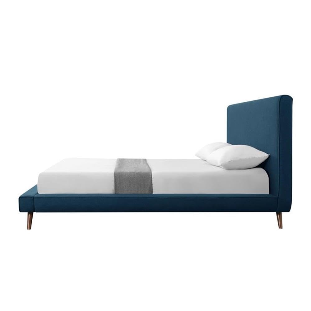 Lyle Beds Queen Size Upholstered Bed Frame with Denim Linen Fabric & Walnut Tapered Legs - Perfect for Modern Bedroom, Guest Room, and Dorm Decor