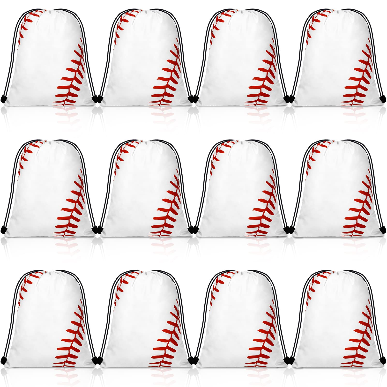 12 Pack Baseball Design Small Drawstring Bags - 7x10 Inch Sports Party Favors, Candy Bags & Goodie Bags for Kids Birthday, Team Events & School Activities