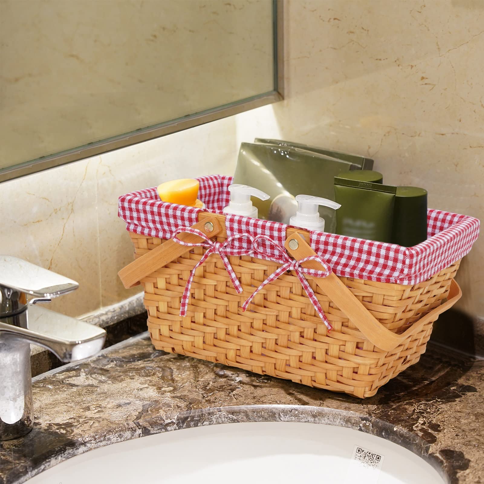 Handmade Woven Easter Baskets with 2 Folding Handles - Decorative Gift Baskets for Candy, Bread & Small Storage - Perfect for Easter Gifts, Kitchen Organization & Bathroom Toy Storage (Red)