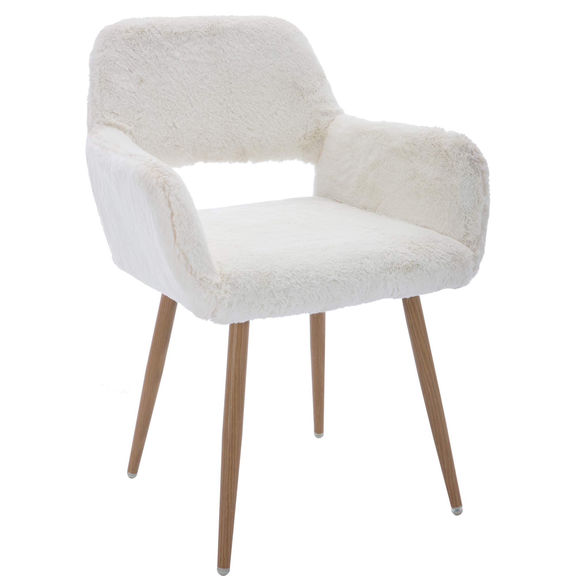 KCC Furry Desk Chair - Mid-Century Modern Accent Armchair with Faux Fur Upholstery & Wood-Look Metal Legs - Comfortable Seating for Teen Girls - Perfect for Living Room, Dining Room, Home Office, Vanity or Makeup Area (White, No Wheels) - Ideal for Study Sessions, Gaming, and Relaxing