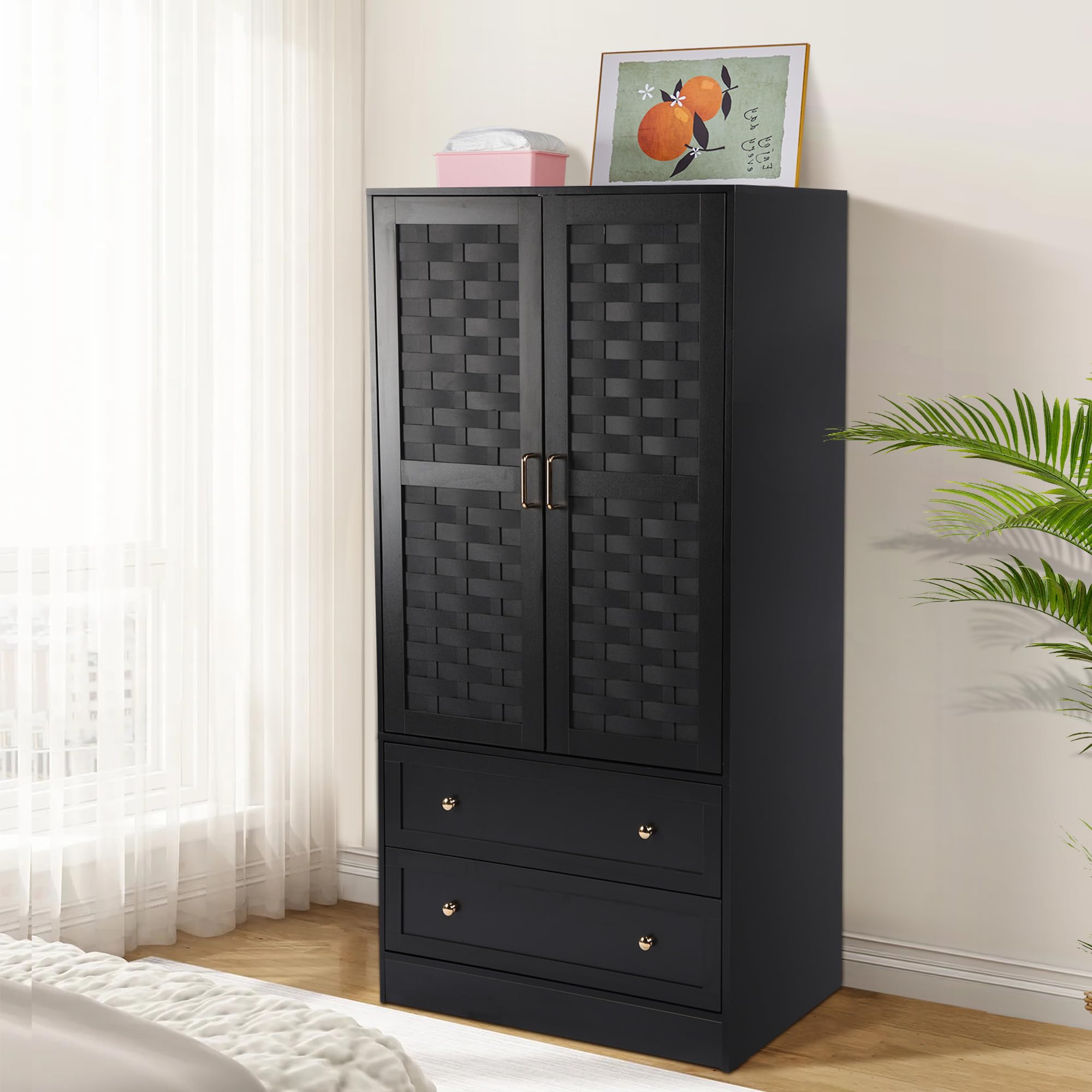 LEVNARY Wooden Armoire Wardrobe Closet - Freestanding Storage Cabinet with 2 Woven Doors, 2 Drawers & Hanging Rail for Bedroom Organization (Black) | Perfect for Small Spaces, Guest Rooms & Apartment Living
