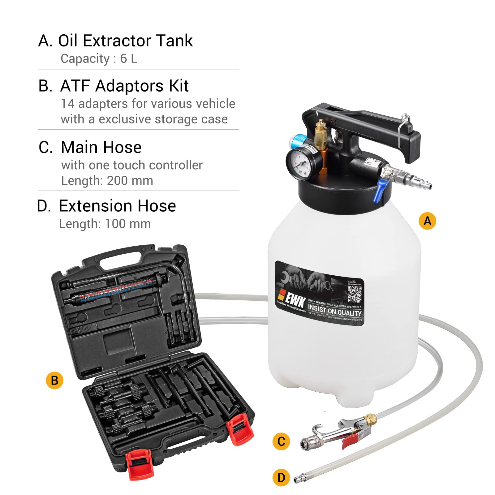 EWK Patented 6L Automatic Transmission Fluid Pump - ATF Extractor & Dispenser with 14 Adapters for Car Maintenance - Perfect for Fluid Changes in Ford, GM, Toyota & More