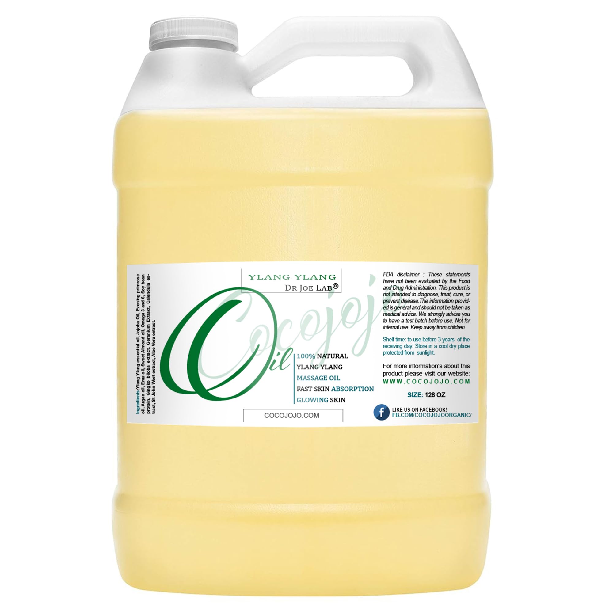 COCOJOJO 1 Gallon (128 oz) Pure Ylang Ylang Massage Oil - Bulk Wholesale for Massage Therapy & Aromatherapy | Ylang Ylang Essential Oil Blended with Jojoba Oil | Perfect for Spa, Yoga, Relaxation & Stress Relief