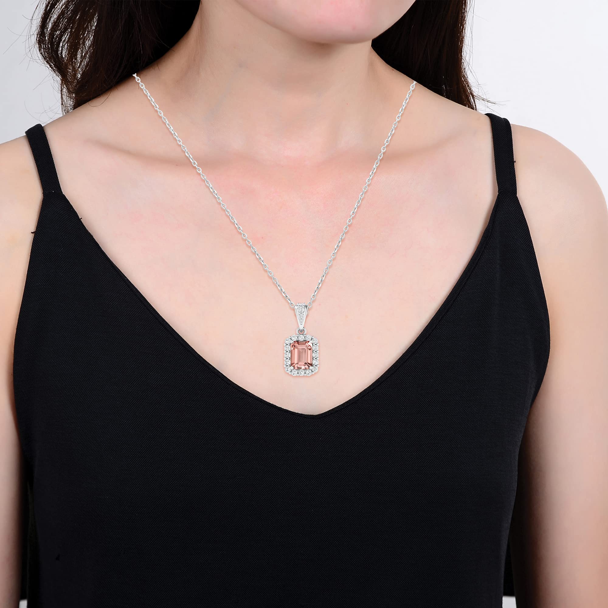 Morganite & White Topaz Halo Pendant Necklace - Sterling Silver with 18