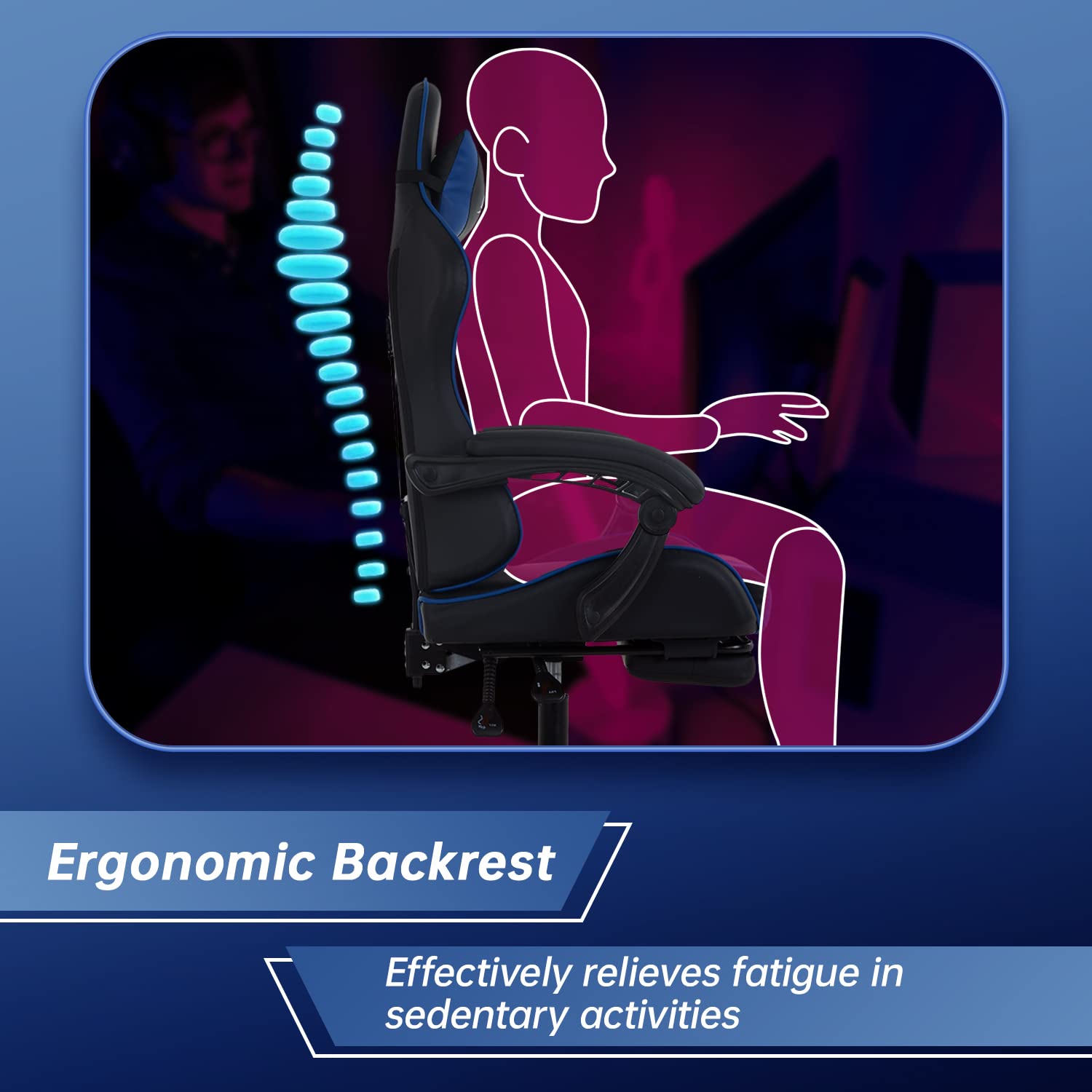 Ergonomic Gaming Chair with Adjustable Lumbar Support, Headrest & Footrest - Blue PC Gamer Chair for Office, Home & Esports - Comfortable Swivel Rolling Desk Chair for Long Gaming Sessions & Work from Home