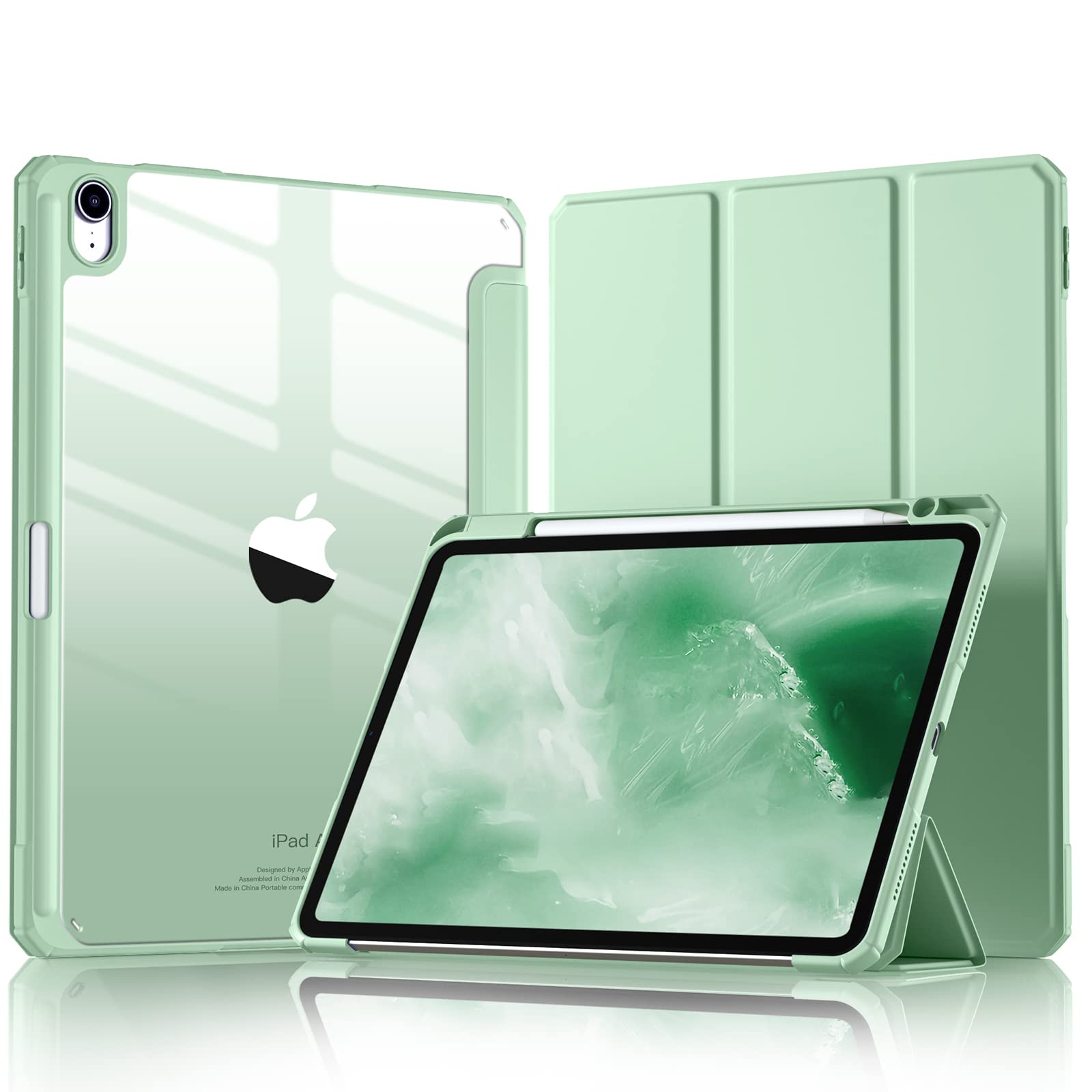 Mastten Clear Transparent iPad Air 5th Gen Case 2022 / iPad Air 4th Gen Case 2020 with Pencil Holder - Compatible with 2nd Gen Apple Pencil - Protective Cover for 10.9 Inch iPad Air (Green) | Perfect for Work, School & Travel Protection