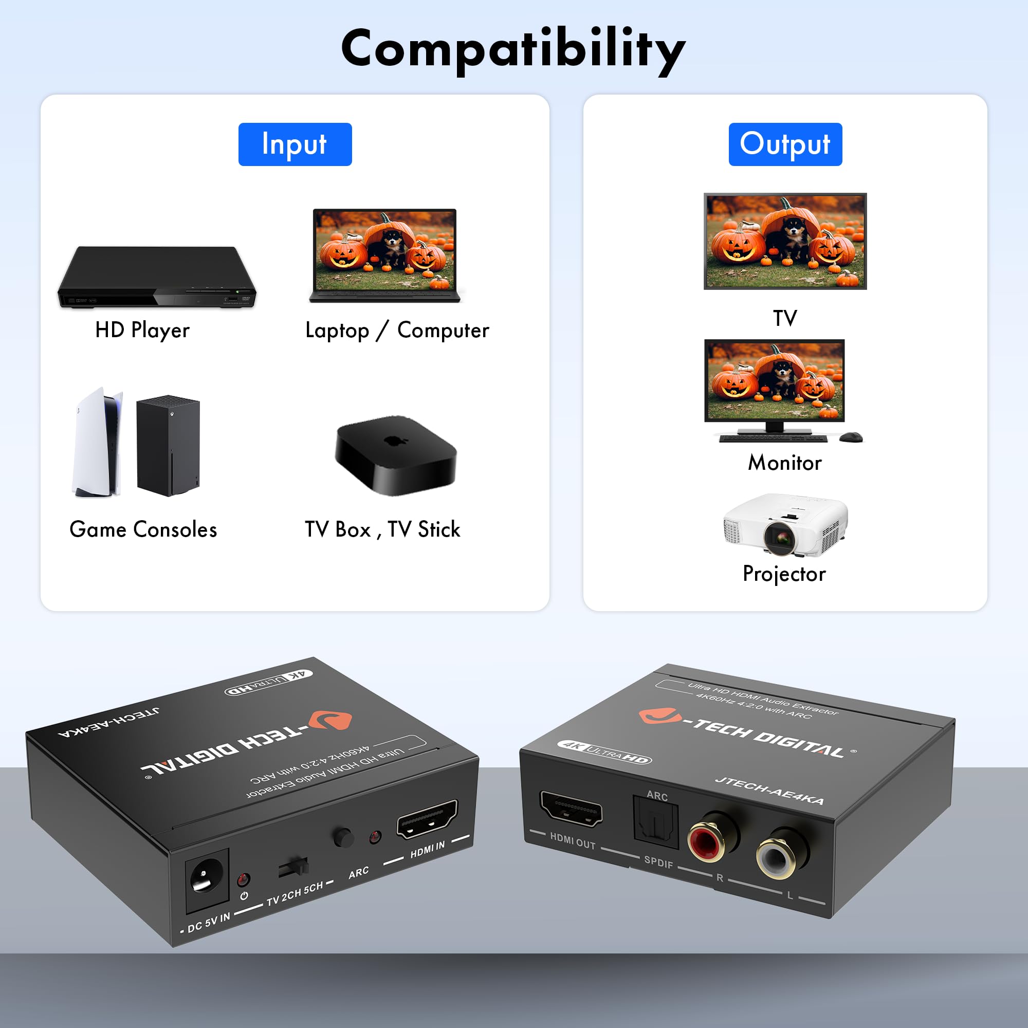 J-Tech Digital HDMI Audio Extractor 4K 60Hz with ARC Support | HDMI to RCA/Optical Converter | Dolby Digital DTS Stereo Audio | Compatible with Laptop, Blu-Ray, PS5, Xbox, Nintendo Switch | Perfect for Home Theater & Gaming Setup (JTECH-AE4KA)